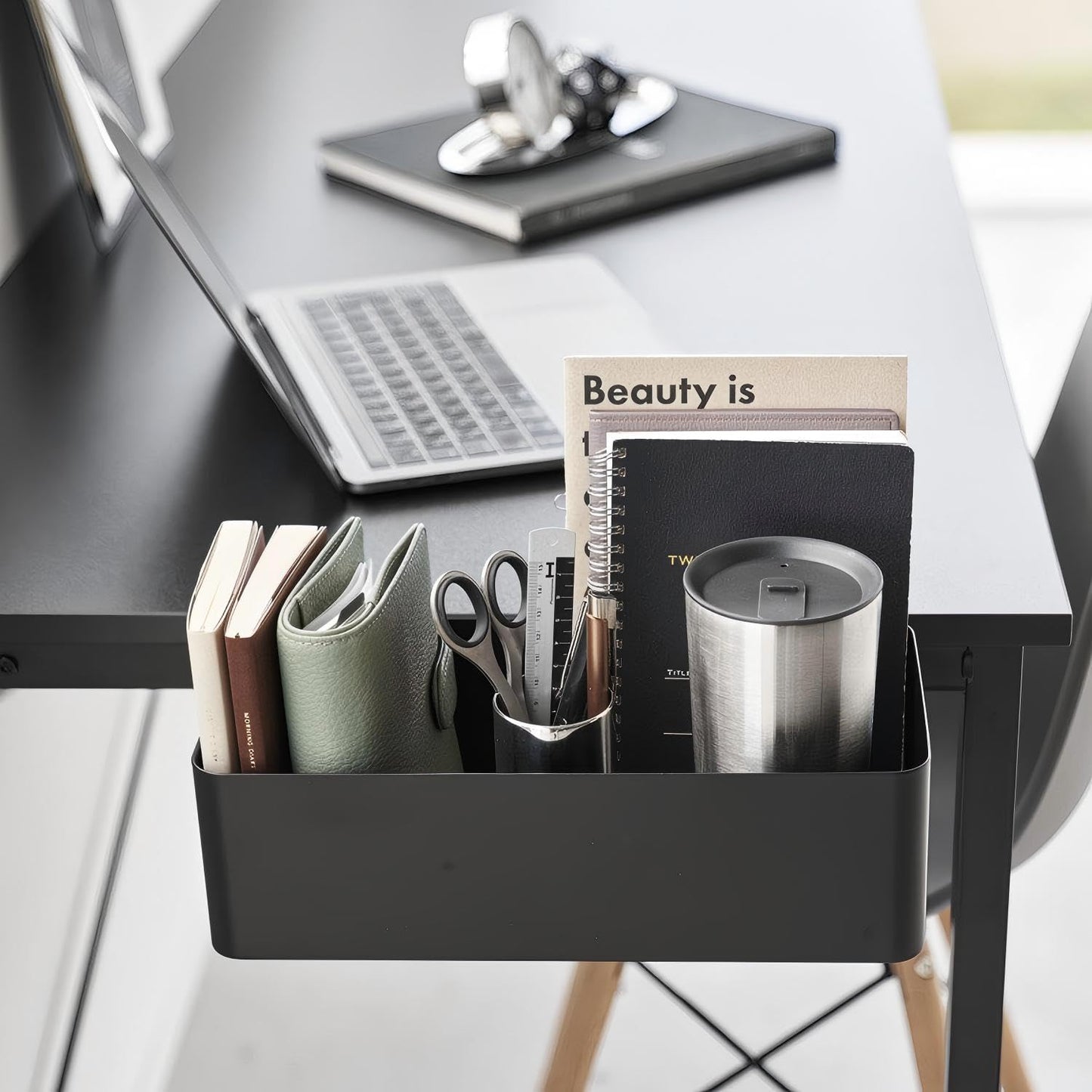 MAGSNOIC No Drill Desk Side Storage,Hanging Organizer,Clamp on Table Basket,Minimalist,Metal material,To Store Office Accessories, Gaming Devices,Storage for Office & Home,Black