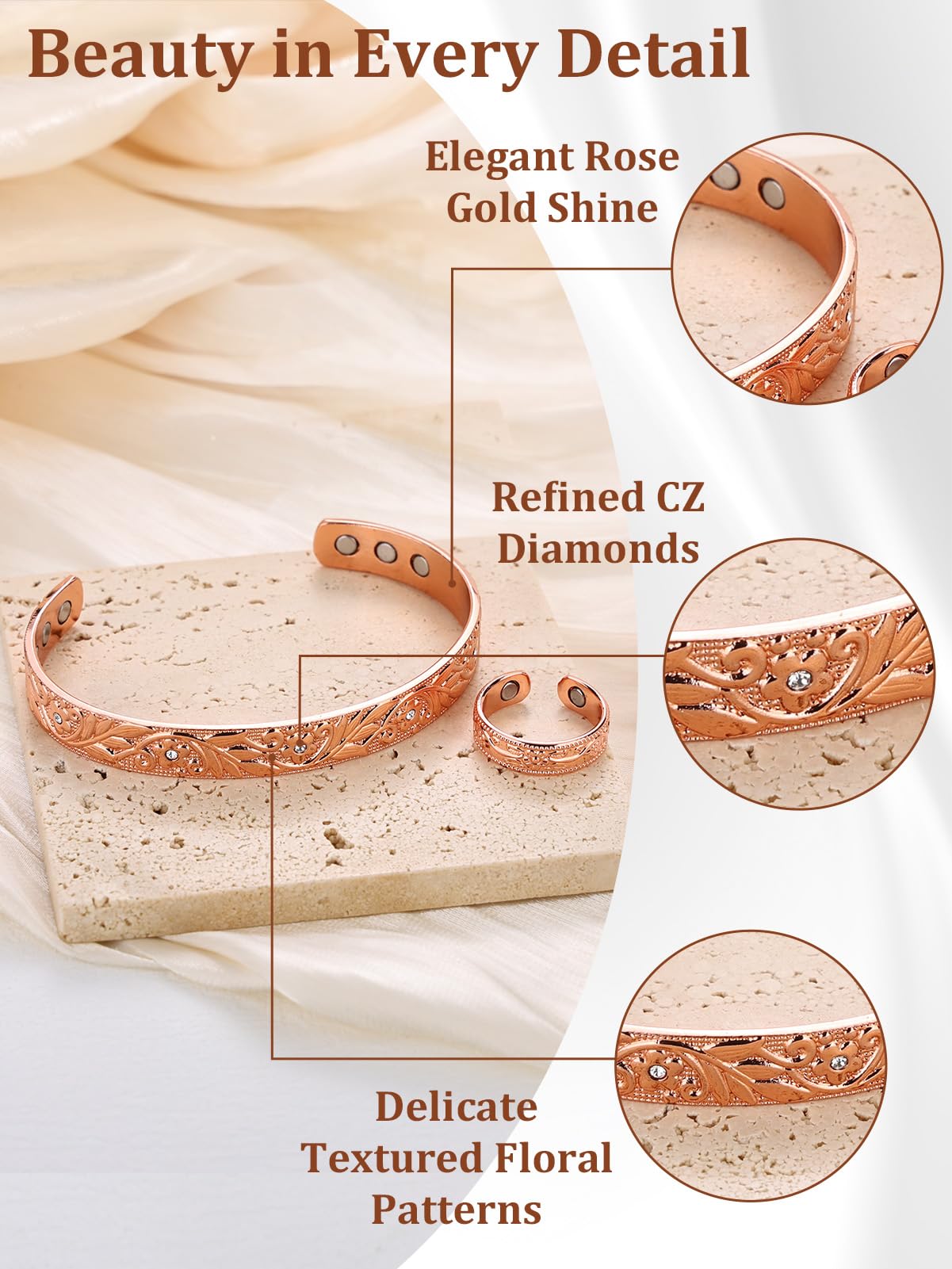 BioMag Copper Bracelet & Ring for Women, 99.99% Pure Copper Magnetic Bracelet Lymphatic Drainage Rings with 3500 Gauss Magnets, Adjustable & Flower Pattern (Rose Gold B)