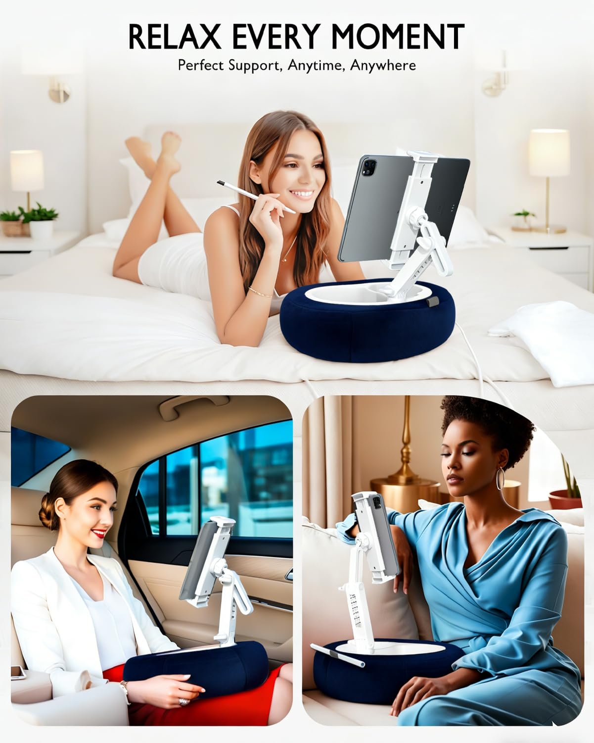 Miledi Tablet Pillow Stand, Compatible with 4.7"-12.9" Kindle, iPad, Phone/Tablet, 360° Rotating Phone Holder for Bed, Detachable Bowl, Reading and Relaxation on Bed (Blue)