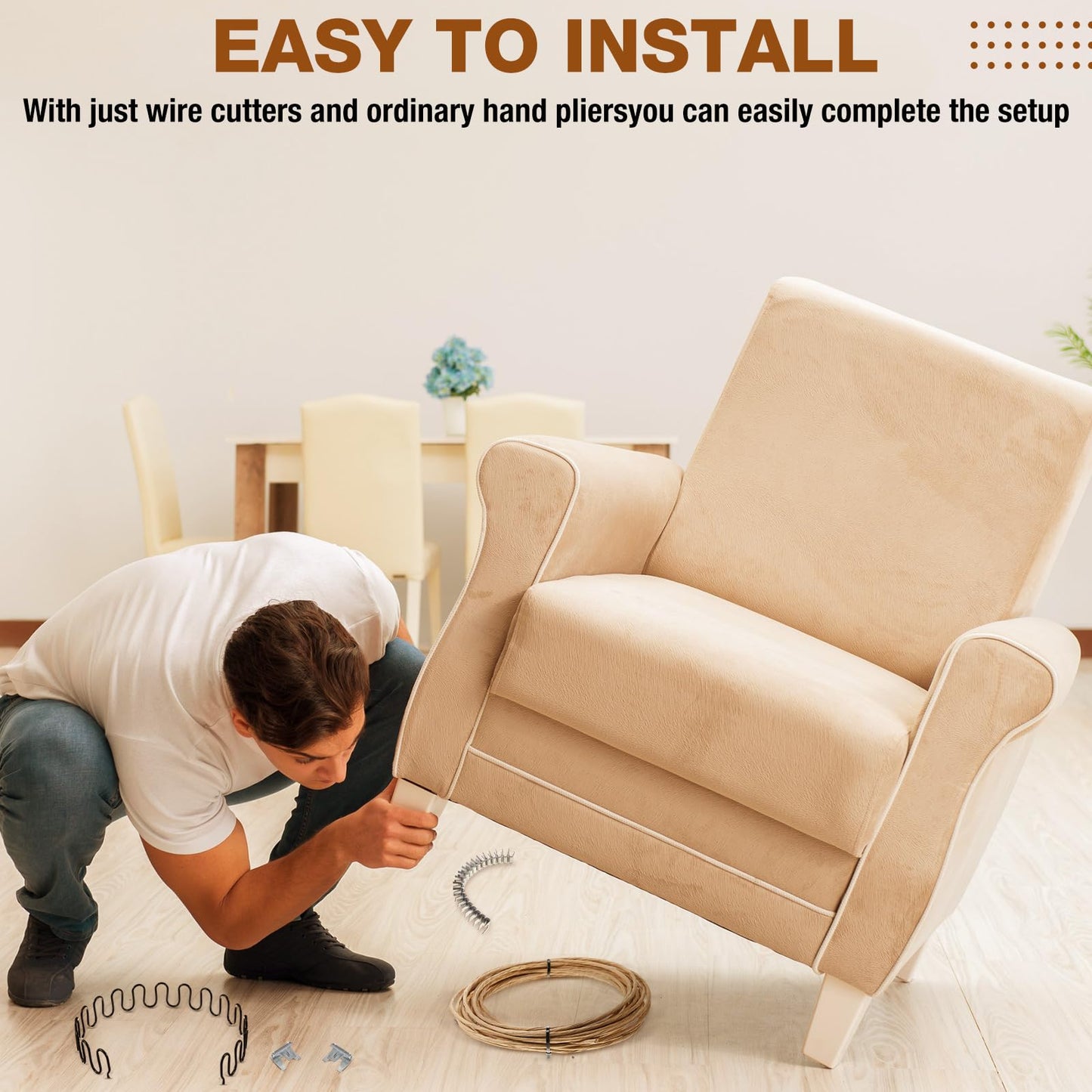 MorningRo Upholstery Stay Wire for Sofa Furniture Springs 40ft Paper Wrapped Wire 9 Gauge with 80 Clips Upholstery Supply Spring Repair Kit