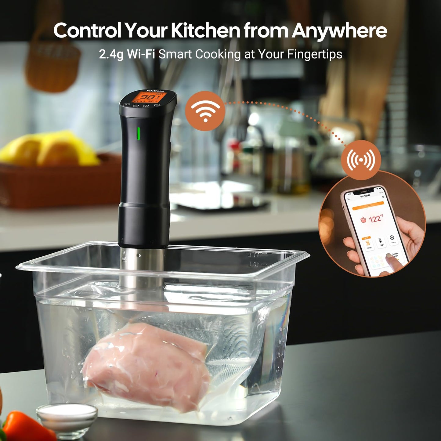 InkSous WIFI 2.4G Sous Vide Cooker 1000W Immersion Circulator with APP 14 Recipes,Alarm,Calibration & Timer, 3D Water Fast Heating Ultra-Quiet Sous Vide Machine