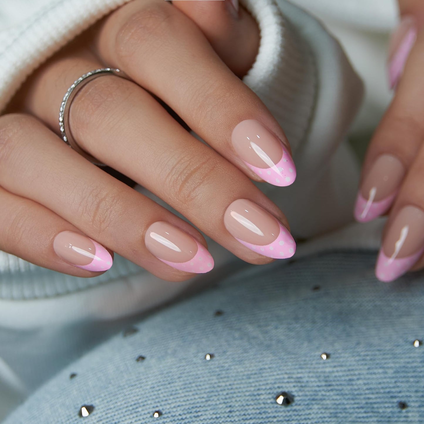 Curvlife Soft Gel Press On Nails Medium Almond Nude Pink French Tip with Polka Dots, Glue On Fake Nails Reusable False Nails Stick On Nail Tips for Women