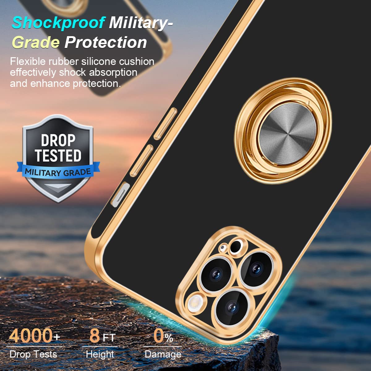 Fingic iPhone 13 Pro Max Case with Ring Stand, 360 Rotatable Magnetic Kickstand, Slim Fit Soft TPU, Black/Gold