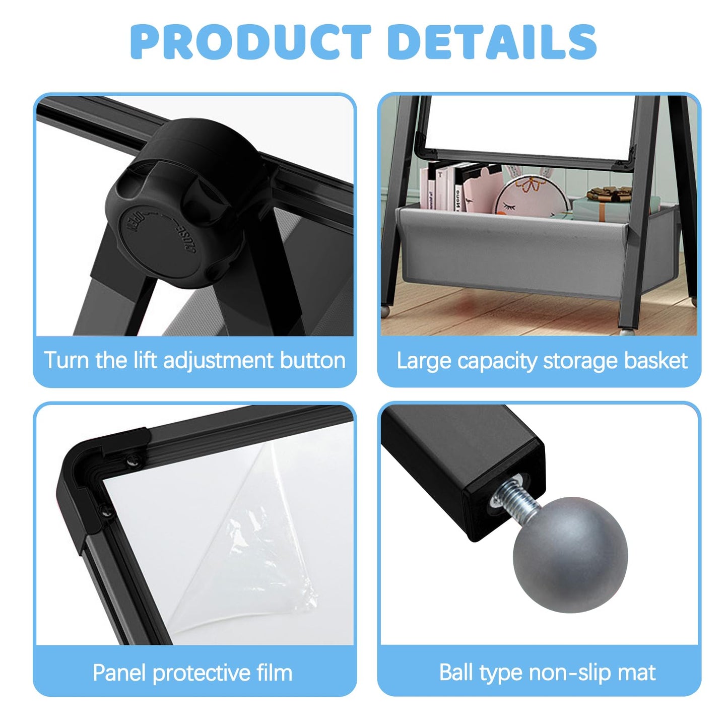 Art Easel for Kids, Double Sided Kids Easel Drawing Board, Whiteboard & Blackboard, 360°Rotating Adjustable(Black)