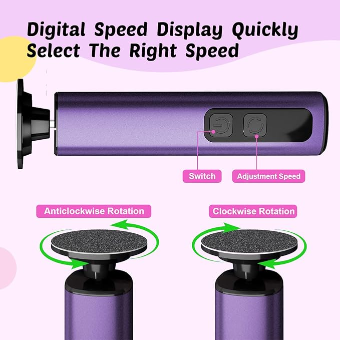 Electric Foot Callus Remover - 9-Speed Rechargeable Pedicure Tool with 20pcs 80/120 Grit Sandpapers +10 Grinding Heads | Aluminum Body & Type-C Charging (Purple)