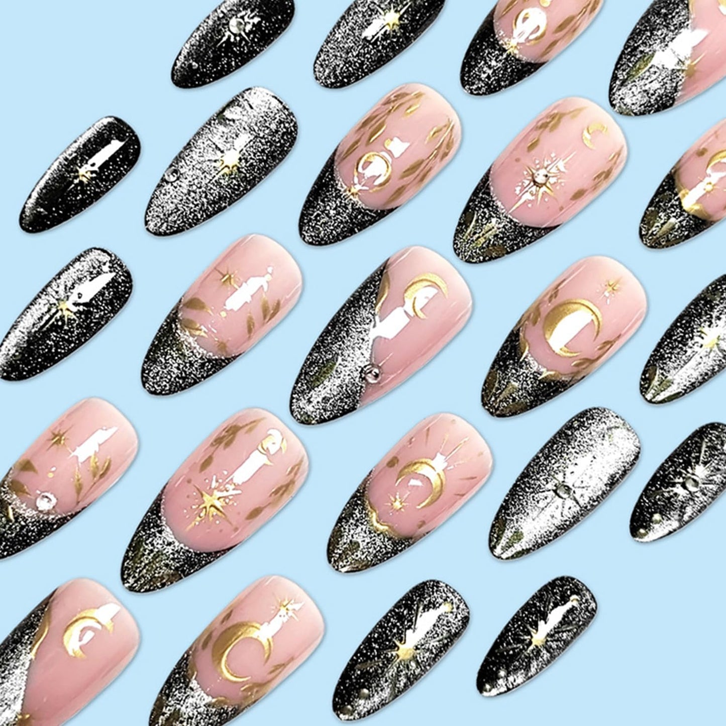 3D Gold Star Moon Press on Nails Rhinestones French Tip Fake Nails with Leaf Design Long Almond Acrylic False Nail Mirror Full Cover Glue on Nail for Women
