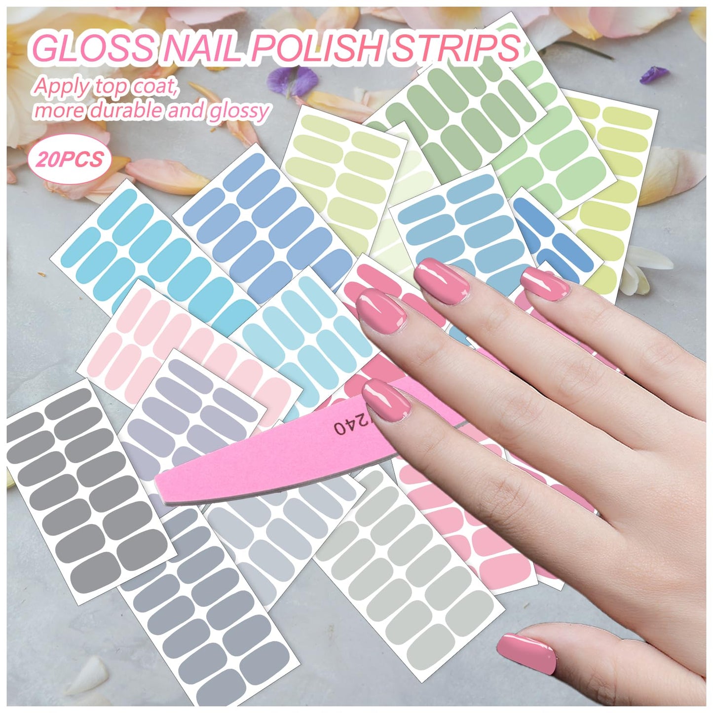 SILPECWEE Nail Polish Strips (20 Sheets, Light Color), Spring Nail Polish Stickers Full Nail Wraps Self Adhesive Nail Stickers Gel Strips Fingernail Sticker Nails for Women with File