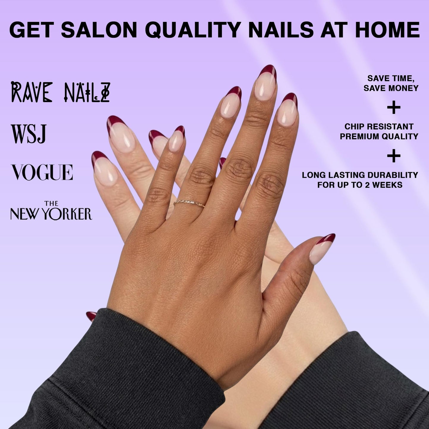 Rave Nailz Wine French Tip Press On Nails (30 Count) - Short Oval Glossy Press On Nails with Subtle Elegance - Chip-Resistant Fake Nails with Glue, Includes File, Long-Lasting 2+ Weeks