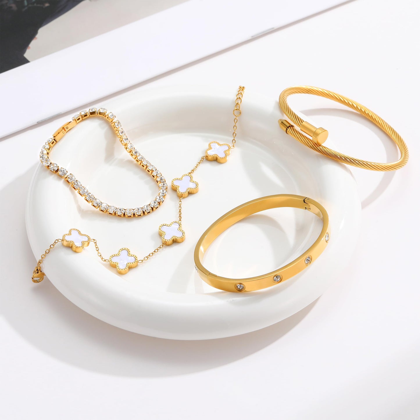 Jzrow 18K Gold Plated Bangle Bracelets Stack for Women,Four Leaf Clover Stackable Bracelets Non Tarnish,4 Pcs Jewelry sets Gifts (White)