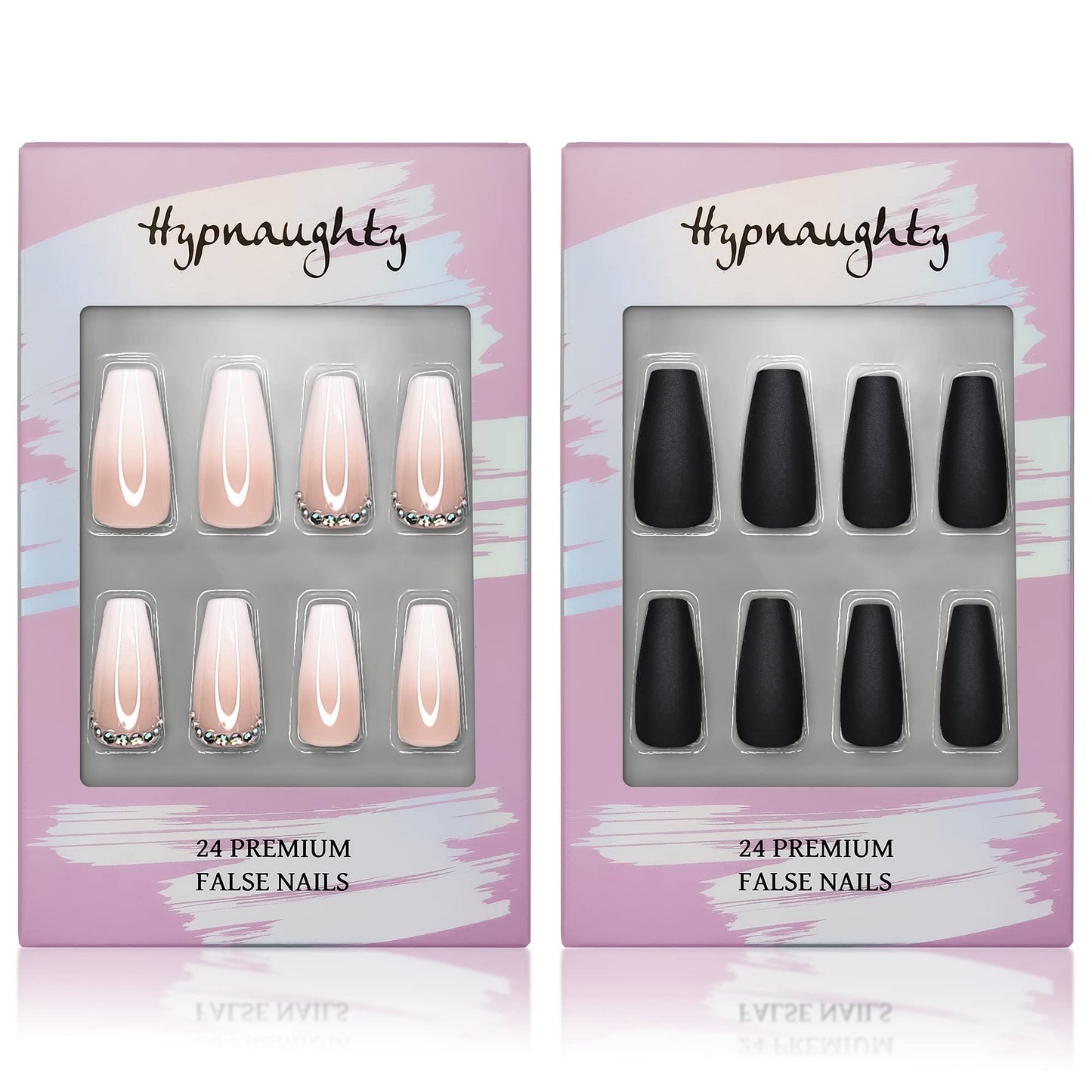 Hypnaughty Press On Nails - Rhinestone & Noir Black Matte Coffin, Trendy & Salon Quality Reusable Nails With Kit