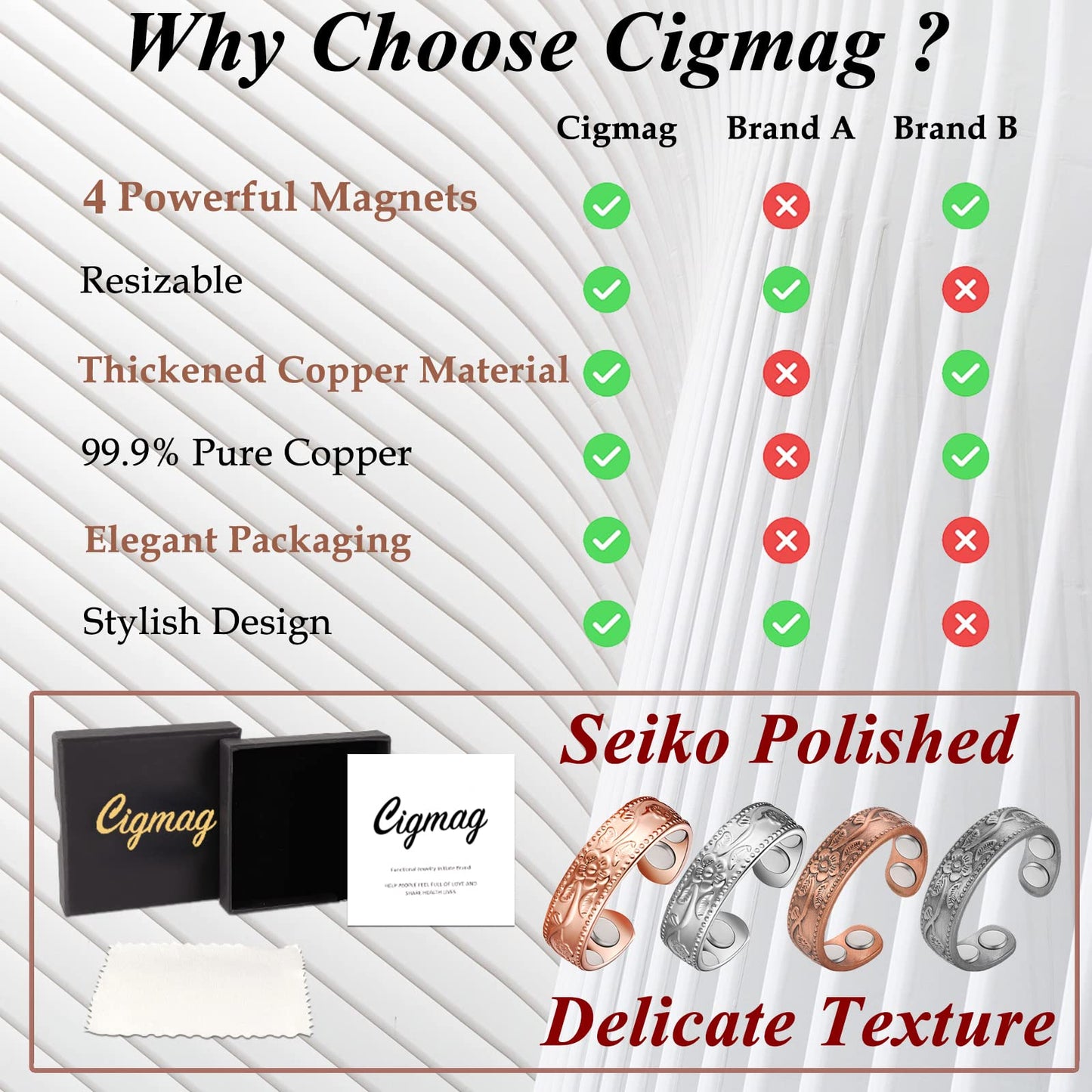 Cigmag 4PCS Copper Rings for Women Pure Copper Magnetic Ring Strong Magnets Adjustable