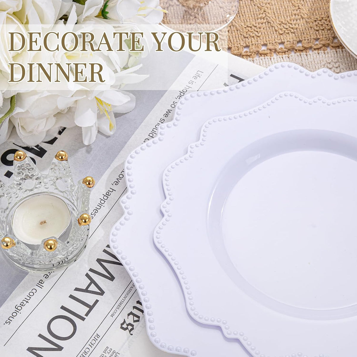 COLOSUS 100 pcs White Plastic Plates Set,Fancy Beaded Plates-European Retro plates include 50 dinner plates and 50 dessert plates,Plastic Disposable plates for Halloween,Thanksgiving,BBQ and Party