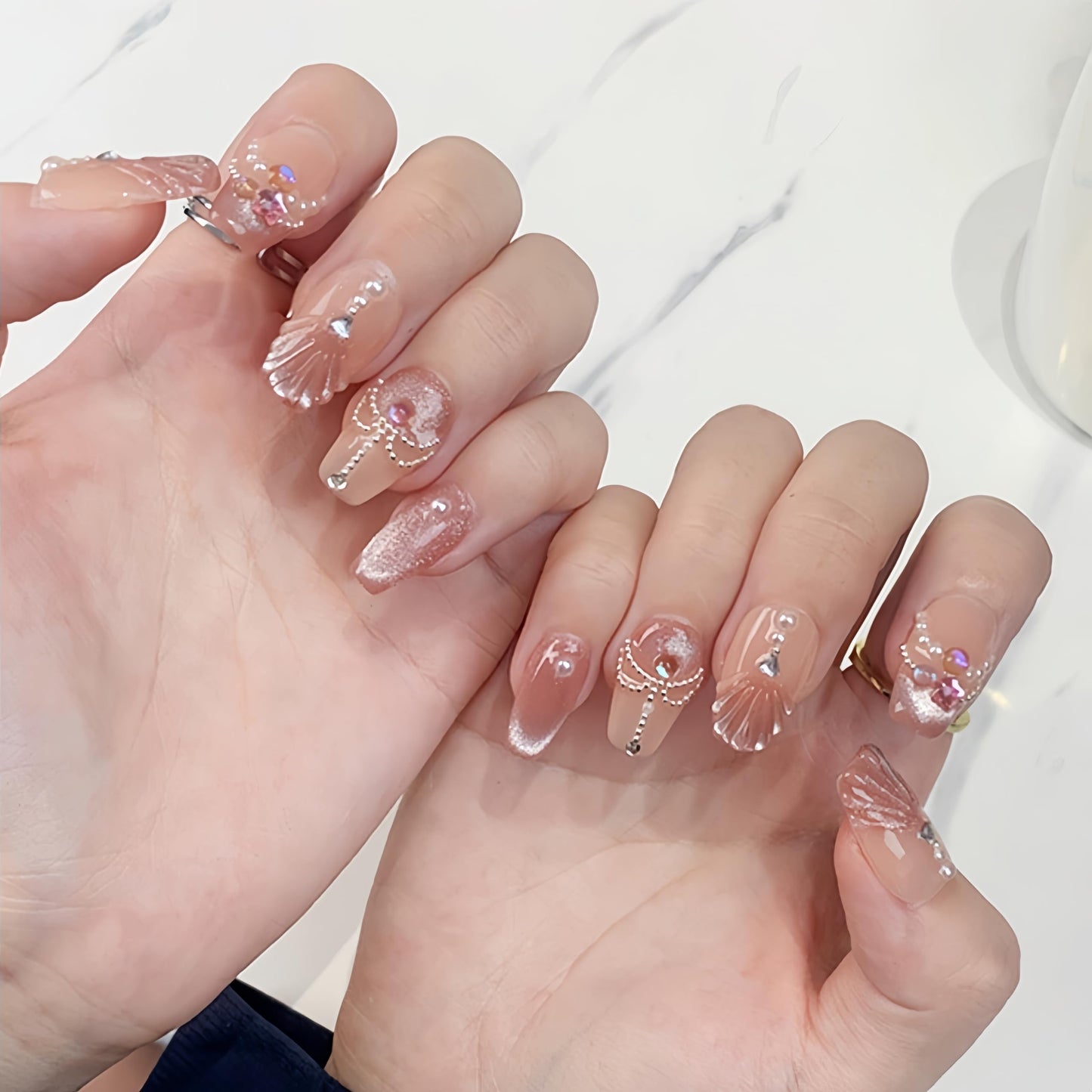 NLSJMP, 10Pcs,Size M, Handmade Long Press on Nails Ombre Balerina Acrylic Fake Nails Kit,3D Glitter Pearl Design Nail Art Kit,Reusable False nails,Include Toolkit,Elegent