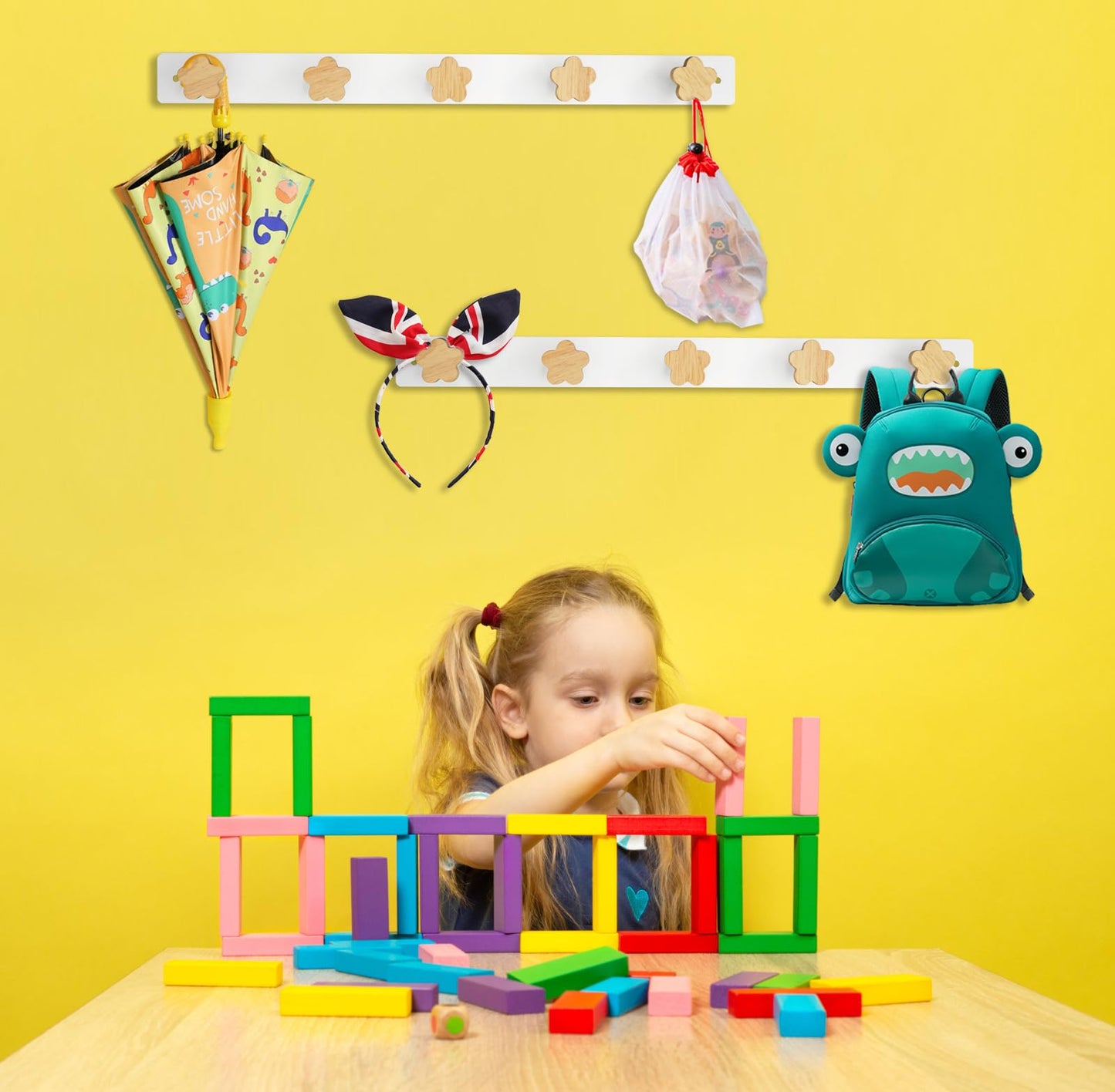 Yisiziyo Wall Mounted Kids Coat Rack with Hooks Coat Hook, Wall Mounted Backpack Hanger, Towel Rack with 5 Cute Hooks, No Drilling Needed(flower-1pc)