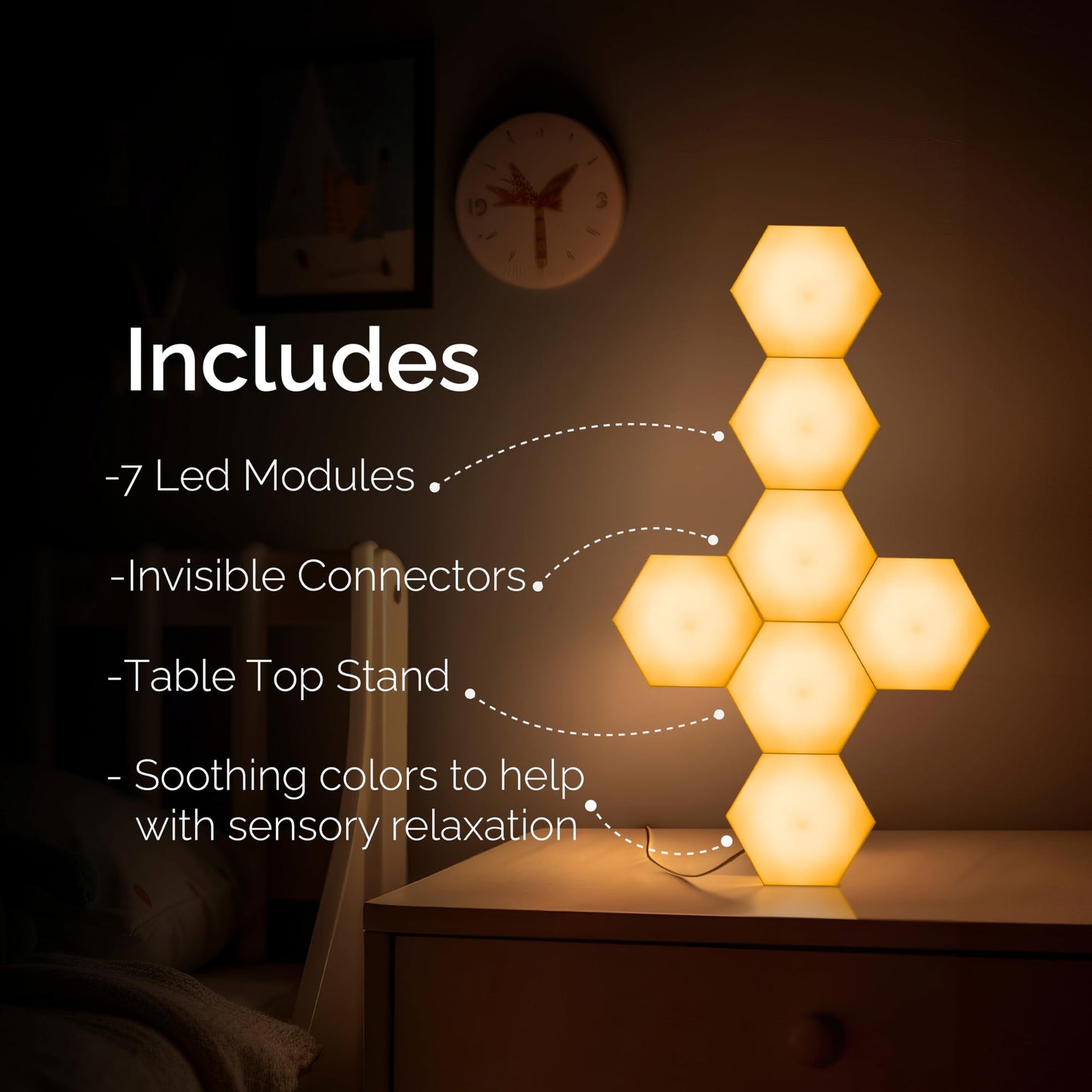 Emberela HEXlights Sensory Lights for Kids - 7pk Touch Hexagon Lights, Remote Controlled - Autism-Friendly Tap Tap Wall LED Panels for Sensory Room - Table Stand Included