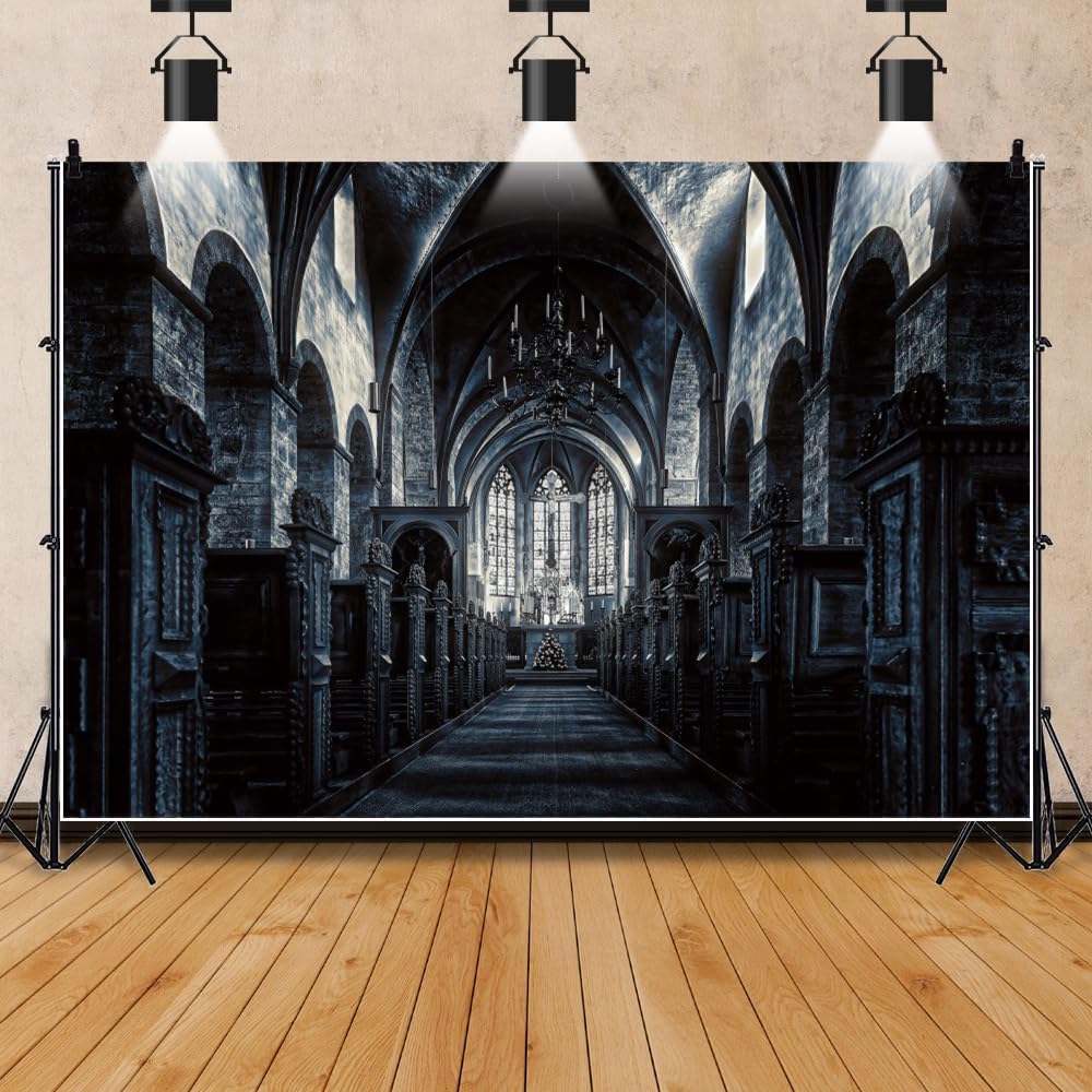 ChloropLastid 15x10ft Scary Church Halloween Backdrop Dark Black Horror Gothic Medieval Castle Interior Photography Background Halloween Night Carnival Theme Party Decor Banner Photo Studio Props