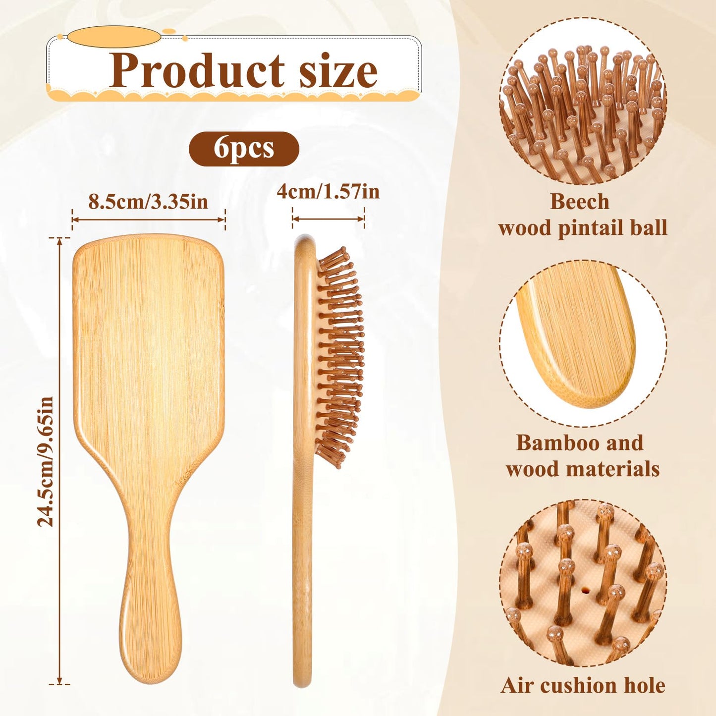 6 Pcs Natural Bamboo Hair Brushes for Scalp Massage & Detangling, Anti-Static Wooden Paddle Brush with Ergonomic Handle and Bamboo Bristles, DIY Engraving Gifts, 9.65”x3.35”