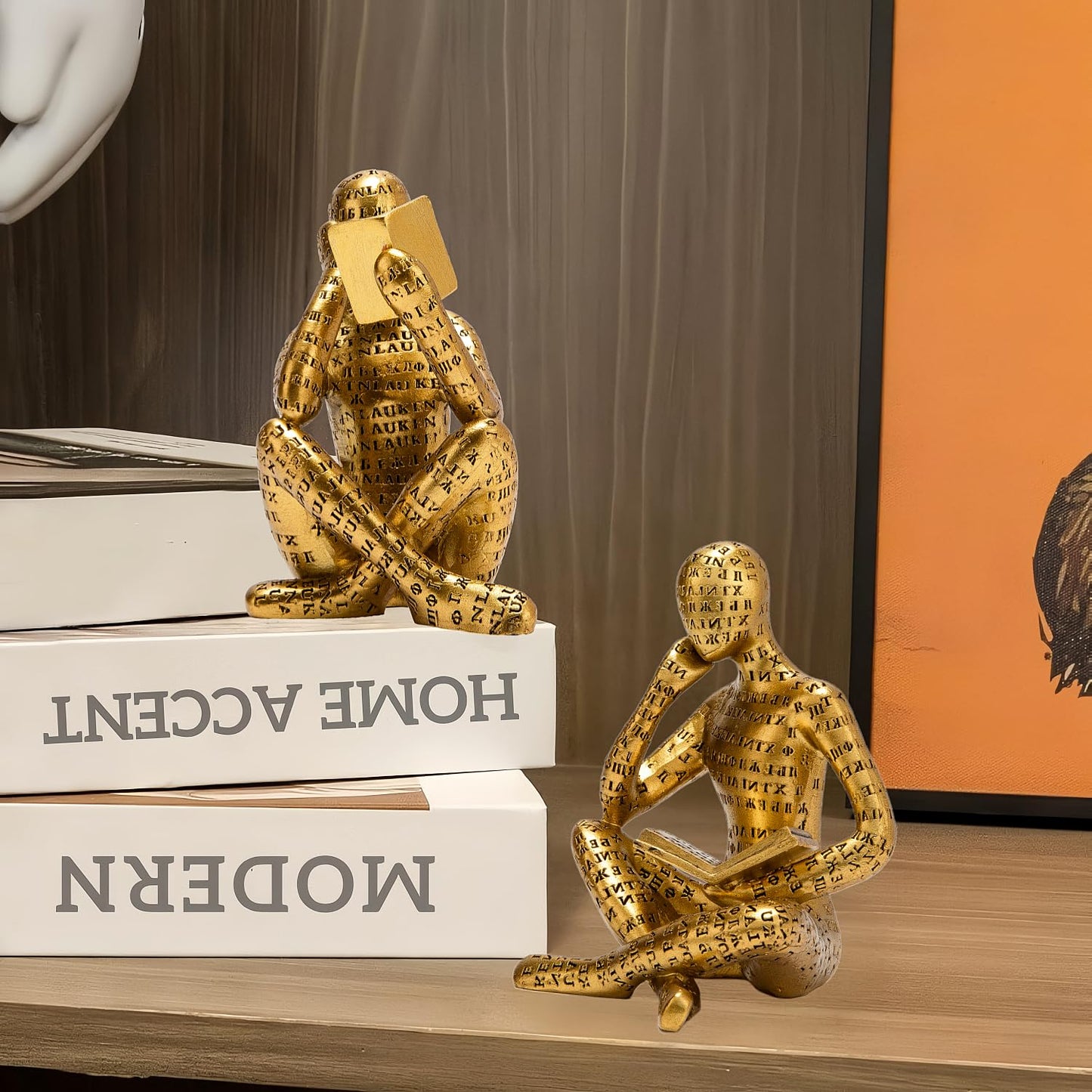 Antique Gold Reading Thinker Statue, Set of 2 Bookshelf Decor Abstract Art Thinker Sculptures, Modern Aesthetic Figurine Home Decoration Ornaments for Living Room Office Shelf Coffee Table Desk Decor