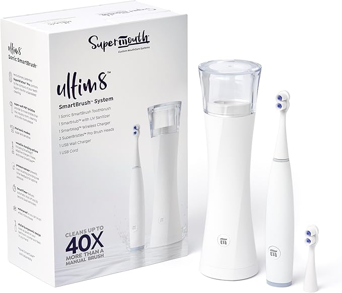 SuperMouth® ULTIM8 SmartBrush™ System - Electric Toothbrush, Patented SuperBristles® Clean 40X Better, UV Sanitizing & Drying SmartHub®, Dual Sonic Modes, Pressure Sensor - Teens & Adults