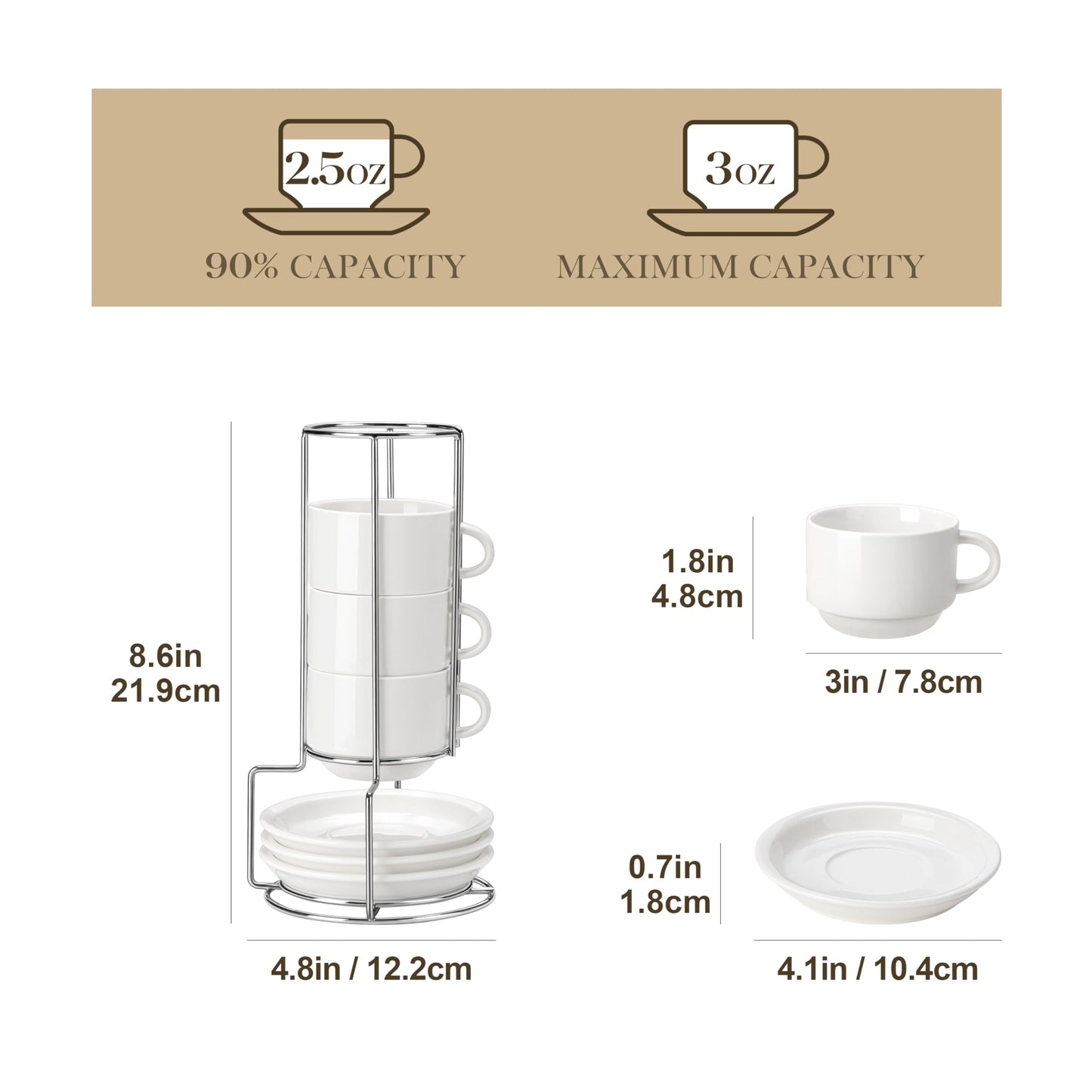 MALACASA 2.5 OZ Porcelain Espresso Cups with Saucers and Metal Stand Set of 4, Stackable Cappuccino Cups, White Expresso Shots Cup Set for Coffee Drinks, Latte, Tea