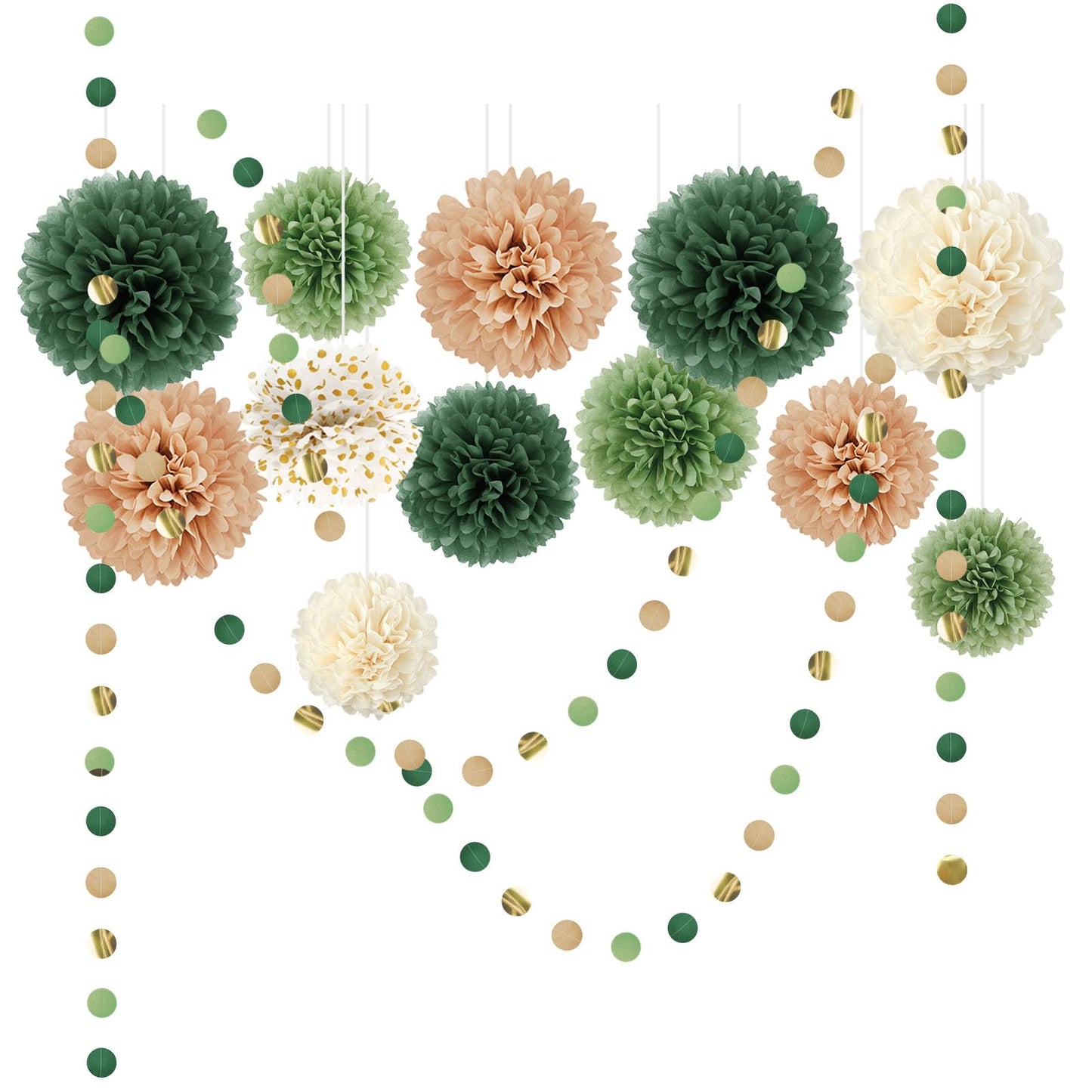 AOBKIAT Wedding Party Decorations Set,15PCS Green Tissue Paper Pom Poms,Dots Paper Garland String Hanging Backdrop for Engagement,Green Boho Wedding,Baby Shower