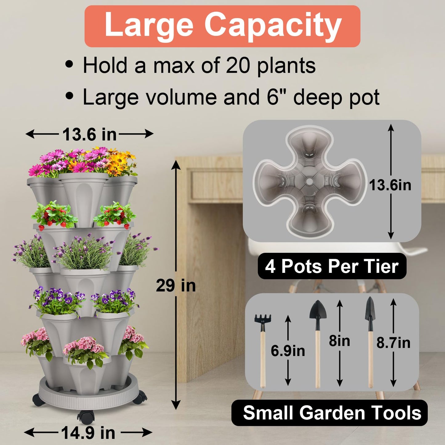 GameXcel Vertical Planter Tower - 5 Tier Stackable Garden Planters with Wheels and Tools Plant Pots for Strawberry Herb Flower and Vegetable Indoor Outdoor Use Gray