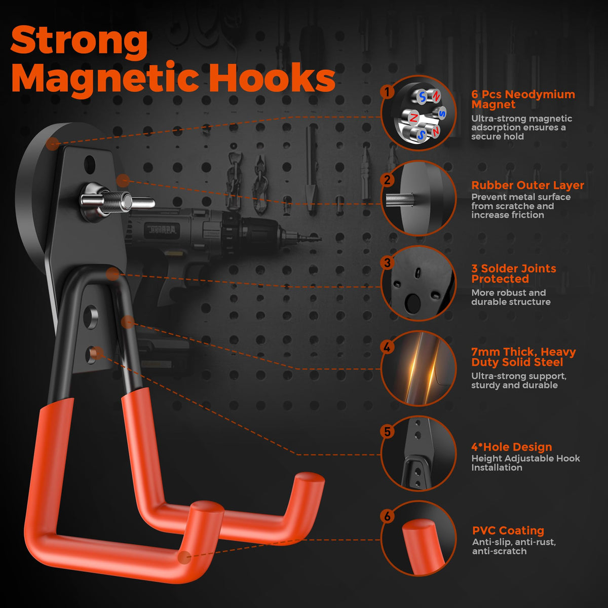 4 Pcs Large Strong Magnetic Hooks Heavy Duty Garage Big Magnet Hooks Extra Strength Magnetic Utility Storage Hook Hanger with Anti Slip Coating for Garden Indoor Outdoor Hanging Tools Orange (4 Count)