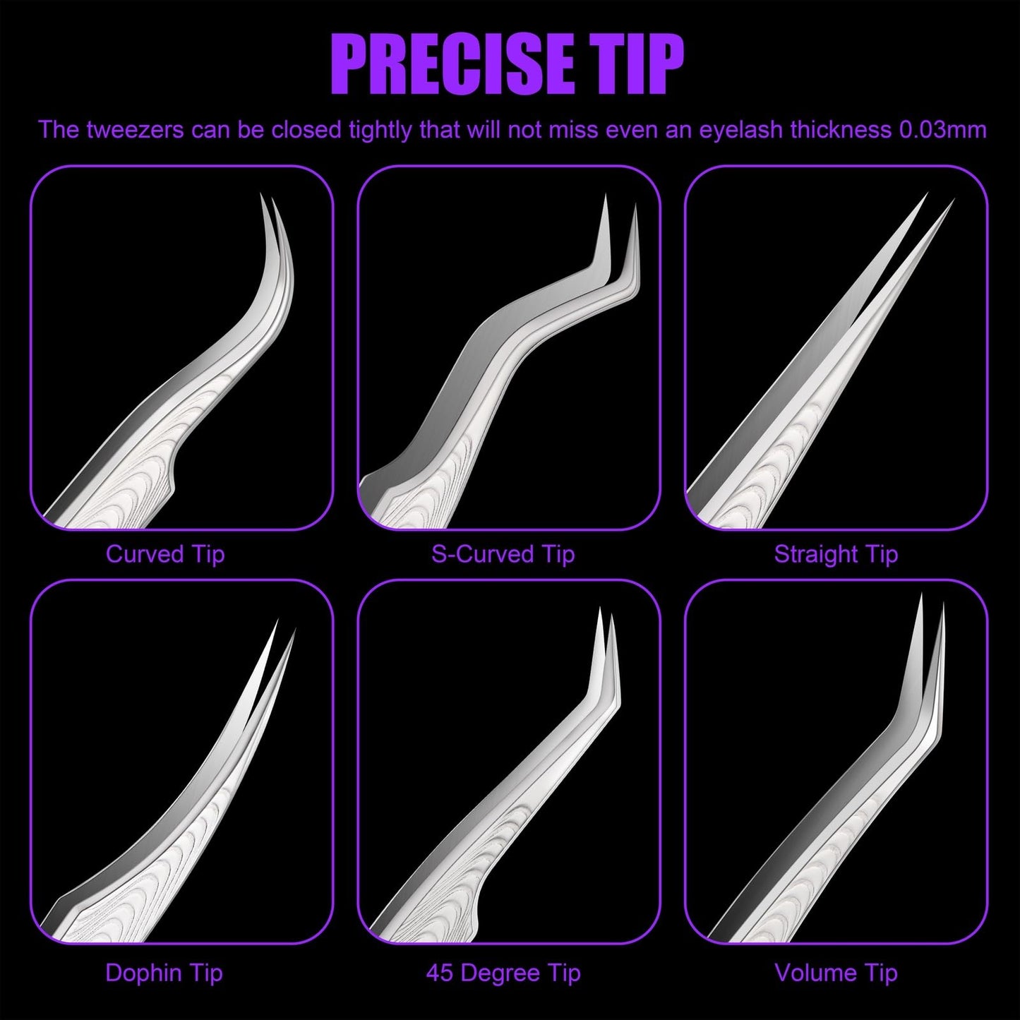 Lash Tweezers for Lash Extensions, High Precision Eyelash Tweezers Set for Individual Classic and Volume Lashes, Professional Lash Extension Tweezer Set for Lash Artists (Pack of 6, Sliver)