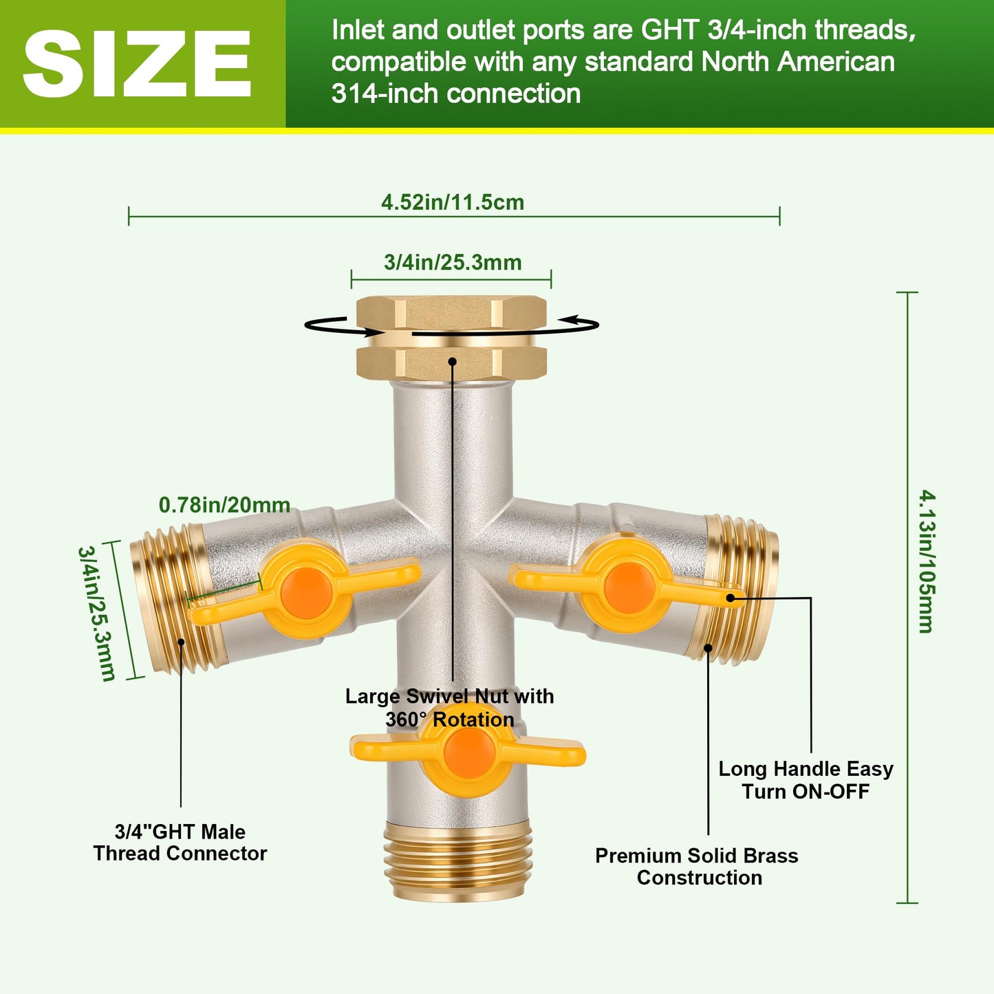 DINGBAI Hose Splitter 3 Way, High Flow Garden Hose Splitter, 3/4” Ght Inlet Brass Heavy Duty Hose Converter, water 3 Way Faucet hose splitter, Long Handle Hose Valve Large Outlet.