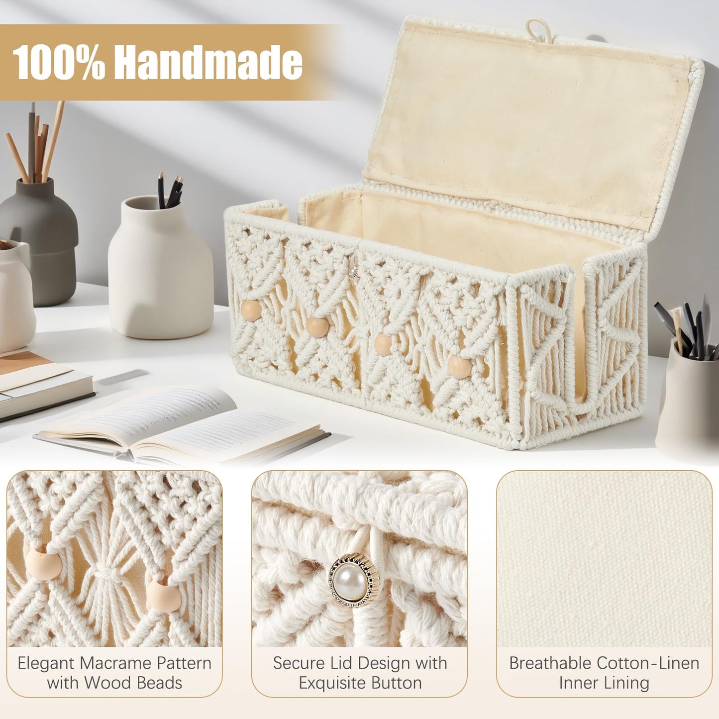 VinneGenzz 2PCS Cable Management Boxes Handmade Macrame Cord Storage Organizer Power Strips Outlet Router TV Wire Hider Cover Under Desk Natural Cotton Rope Woven Box with Lid (1 Large 1 Medium)