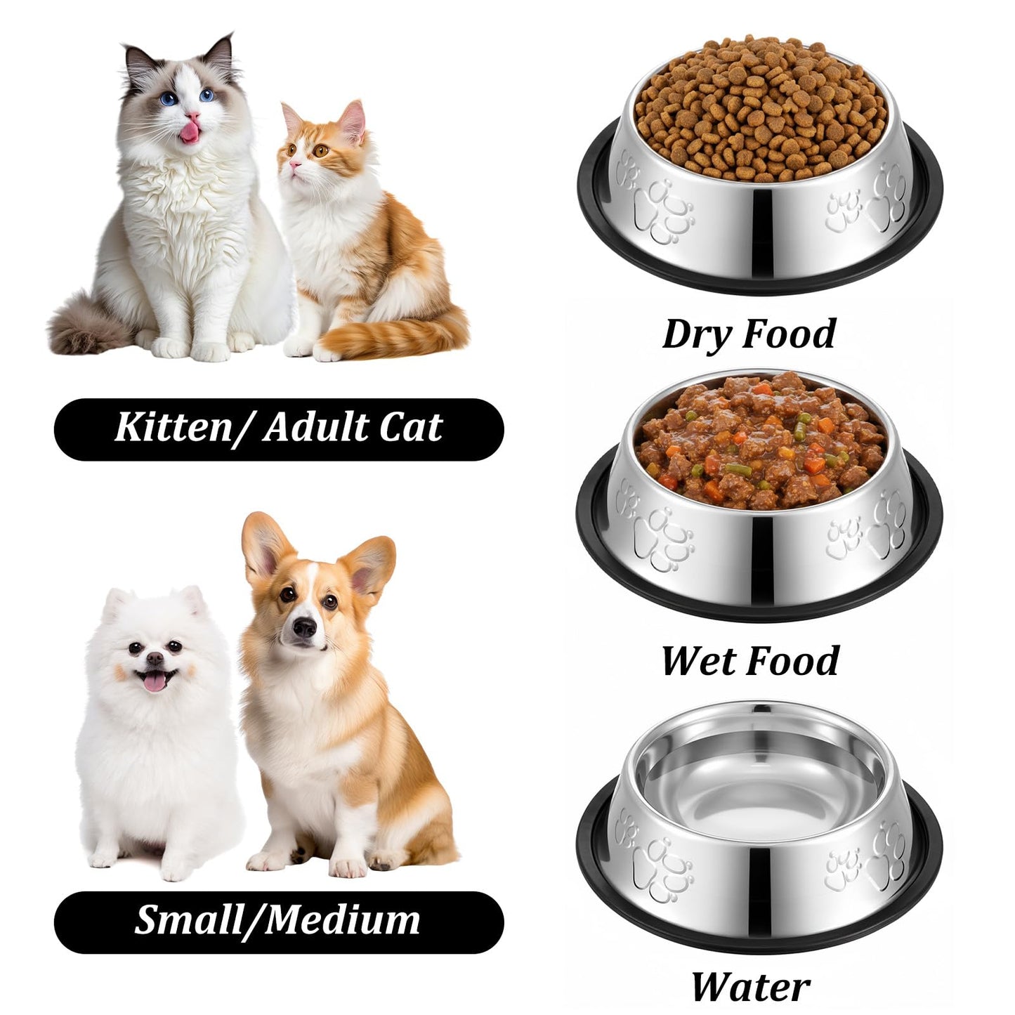 10 Pcs Stainless Steel Dog Bowls, Silver Non-Slip Pet Feeding Bowls with Rubber Base, 7 oz Capacity for Small Medium Dogs, Cats, Kittens, Rabbits