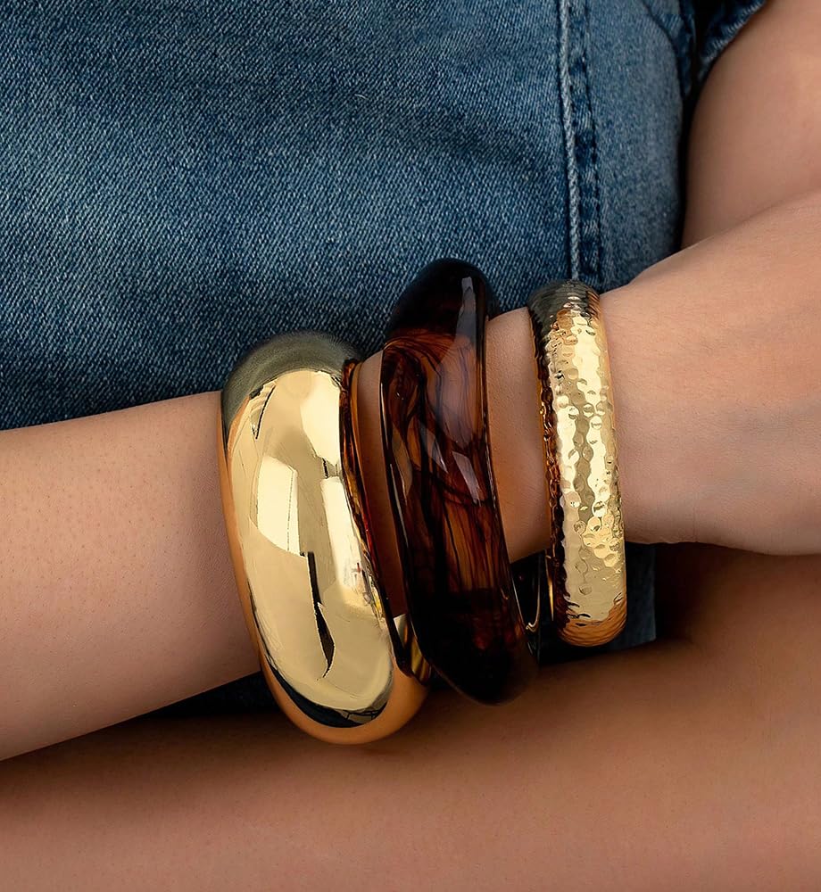 Chunky Gold Bangle Bracelets for Women, Dainty 14k Gold Plated Big Stackable Bangles Set, Trendy Statement Cuff Bracelet Stack Fashion Jewelry Gifts (Gold & acrylic bangles)