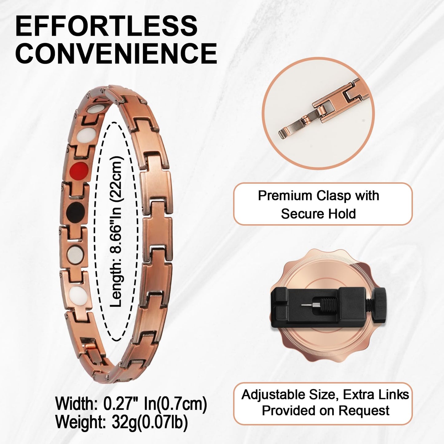 Aojudic Magnetic Copper Bracelet for Women - 99.99% Pure Solid Cuff with Neodymium Magnets, Pain Relief & Improved Circulation, Premium Wellness Jewelry with Free Copper Ring