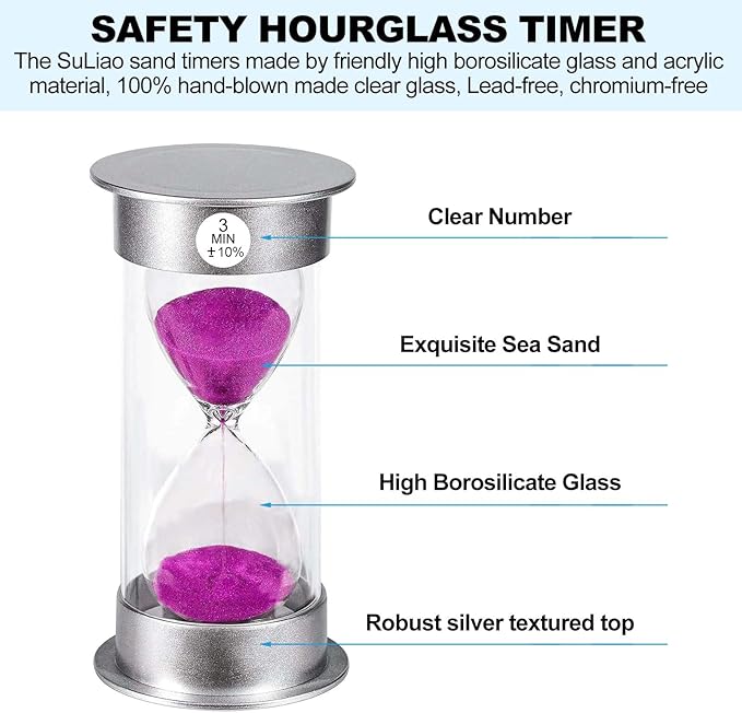 SuLiao Timer 3 Minute Hourglass, Unbreakable Sand Watch 3 Min, Large Purple Sand Clock, Colorful Plastic Hour Glass Sandglass for Kids, Games, Classroom, Kitchen, Decorative