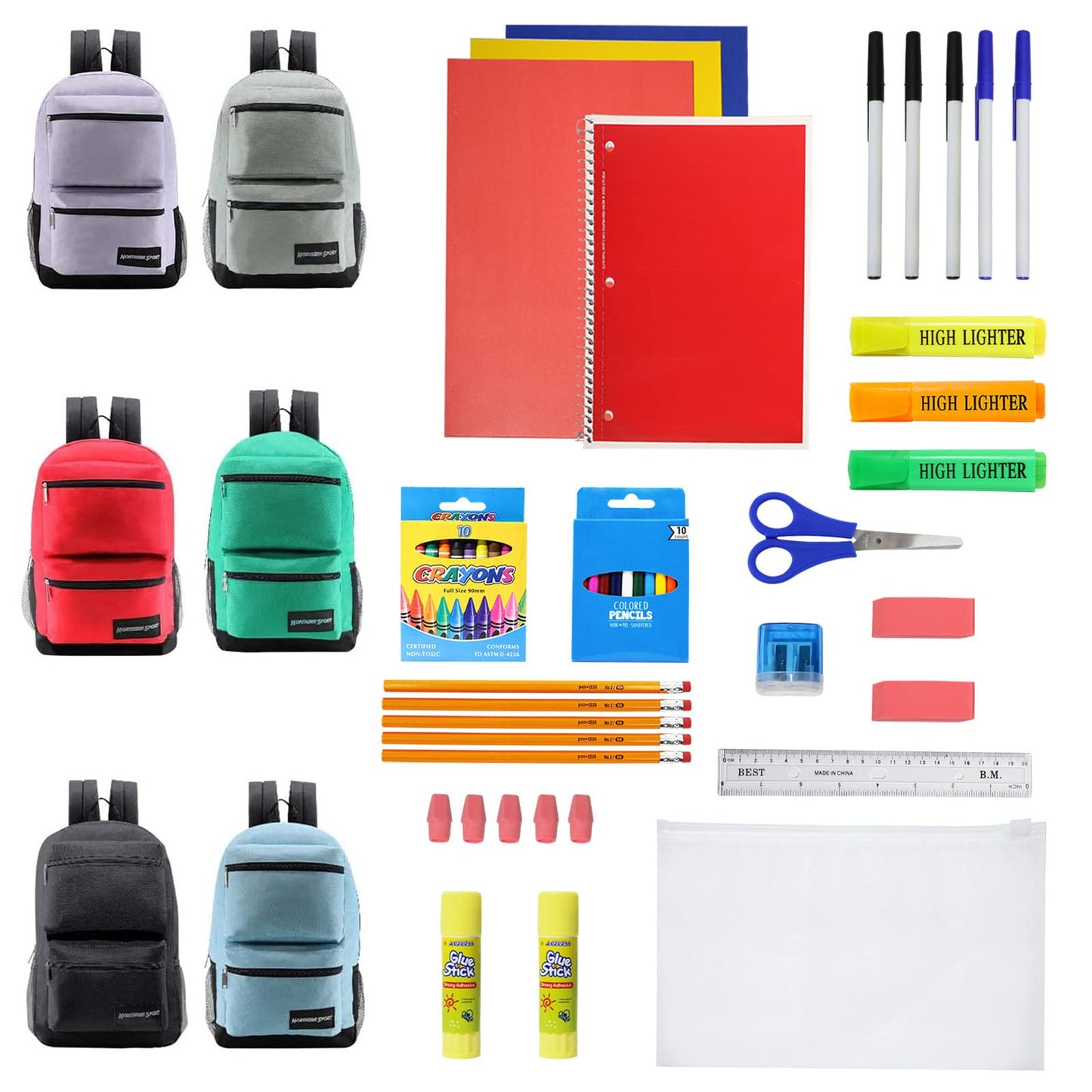 Moda West 12-Pack 19” Sport Backpacks with 50 Piece School Supplies Kits - Pens, Pencils, Crayons – Bulk Bundle for Elementary, Middle, and High School Students, 6 Assorted Styles