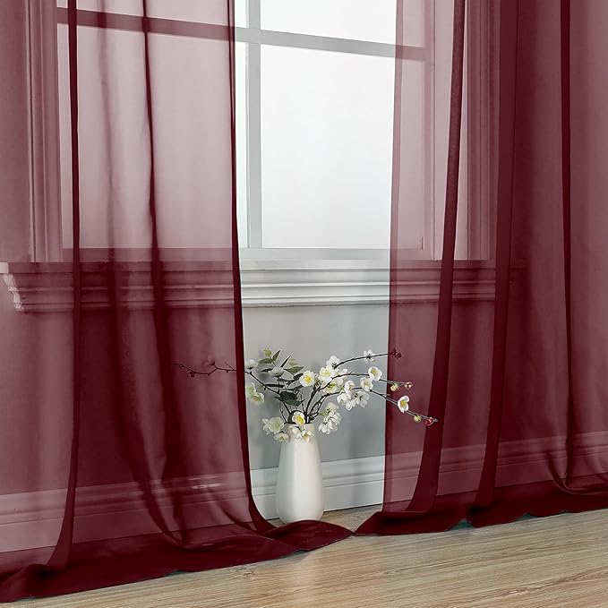 OVZME Burgundy Sheer Curtains - 96" Length 2 Panels Set for Living Room Bedroom, Christmas Gorgeous Window Decoration for Party & Backdrop & Canopy, Burgundy, Each 42Wx96L