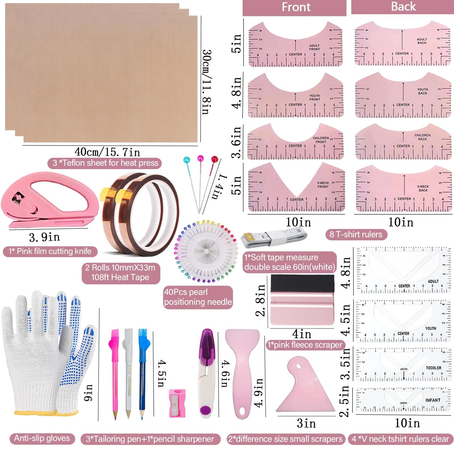 QUKLOGEN Sublimation Shirts Tool Kits Shirt Measure Ruler Set Reusable Round Neck and V Neck Alignment T Shirt Guide Ruler Teflon Sheet for Heat Press 12 x 16in Heat Resistant Tape