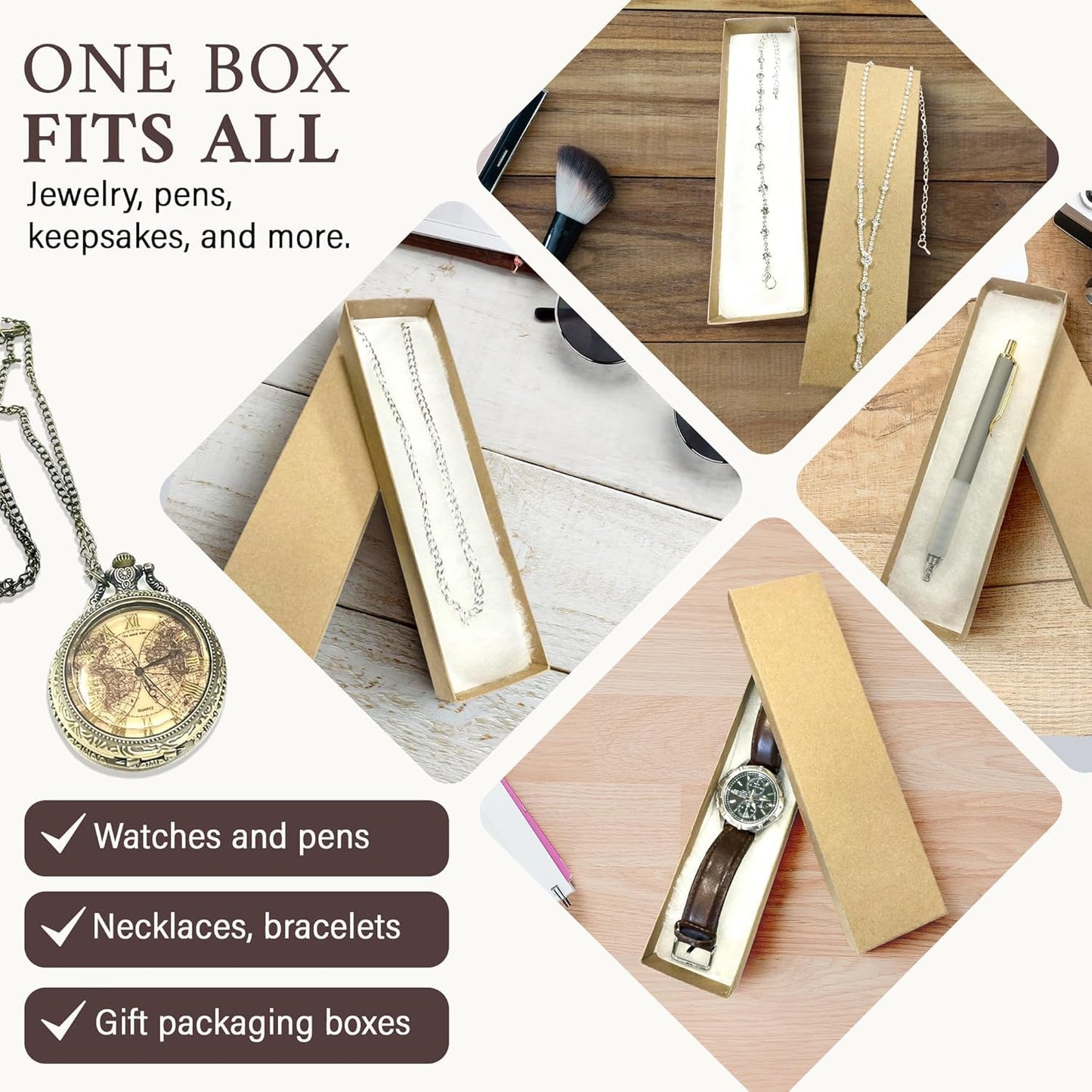 RJ Displays 10 Pack Bracelet Jewelry Boxes, Brown Kraft Cotton Filled Gift Box with Lid – Small Jewelry Gift Box for Necklace, Watch, Bracelet Display Packaging Boxes – 8" x 2" x 1" Inch
