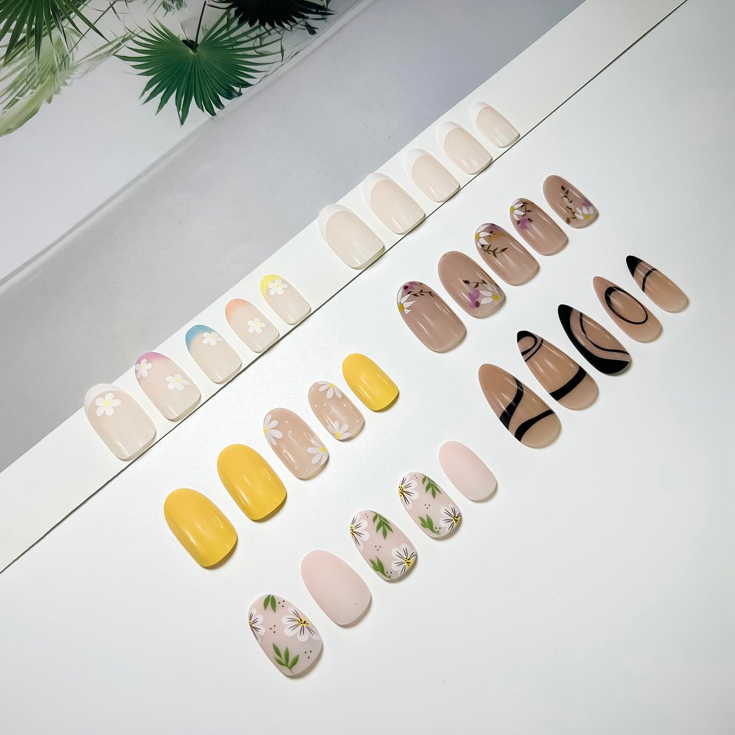 Jsiallye 6 Packs Press on Nails Short,Flower French Press on Nails Almond And Oval,Glue on Nails in 12 Sizes - 24 Fake Nails Kit, Stick on Nails for Women