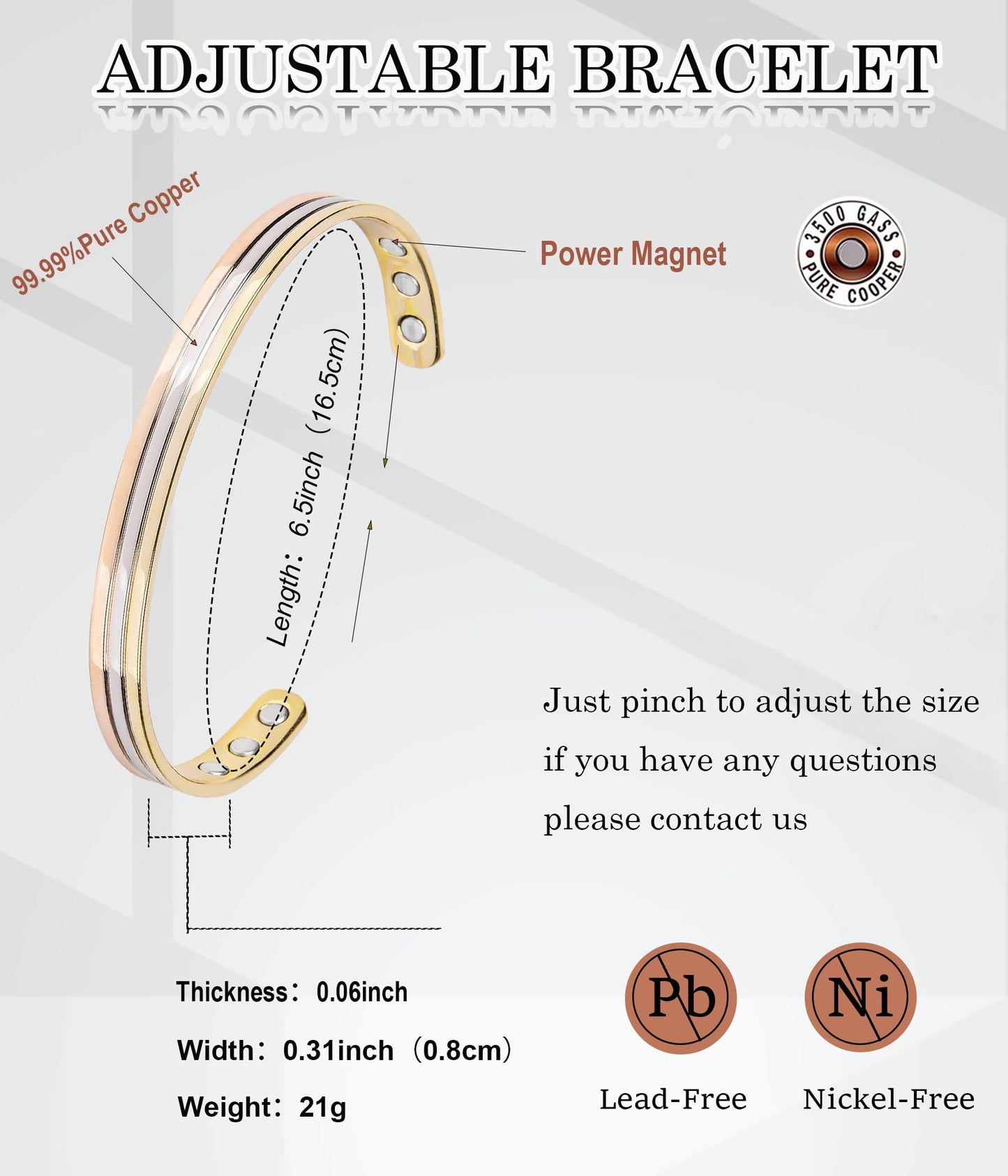 UtenoTureH Magnetic Copper Bracelet for Women for Arthritis, Pure Copper Adjustable Bracelets with 3500 Gauss Magnet ((C006SGR))