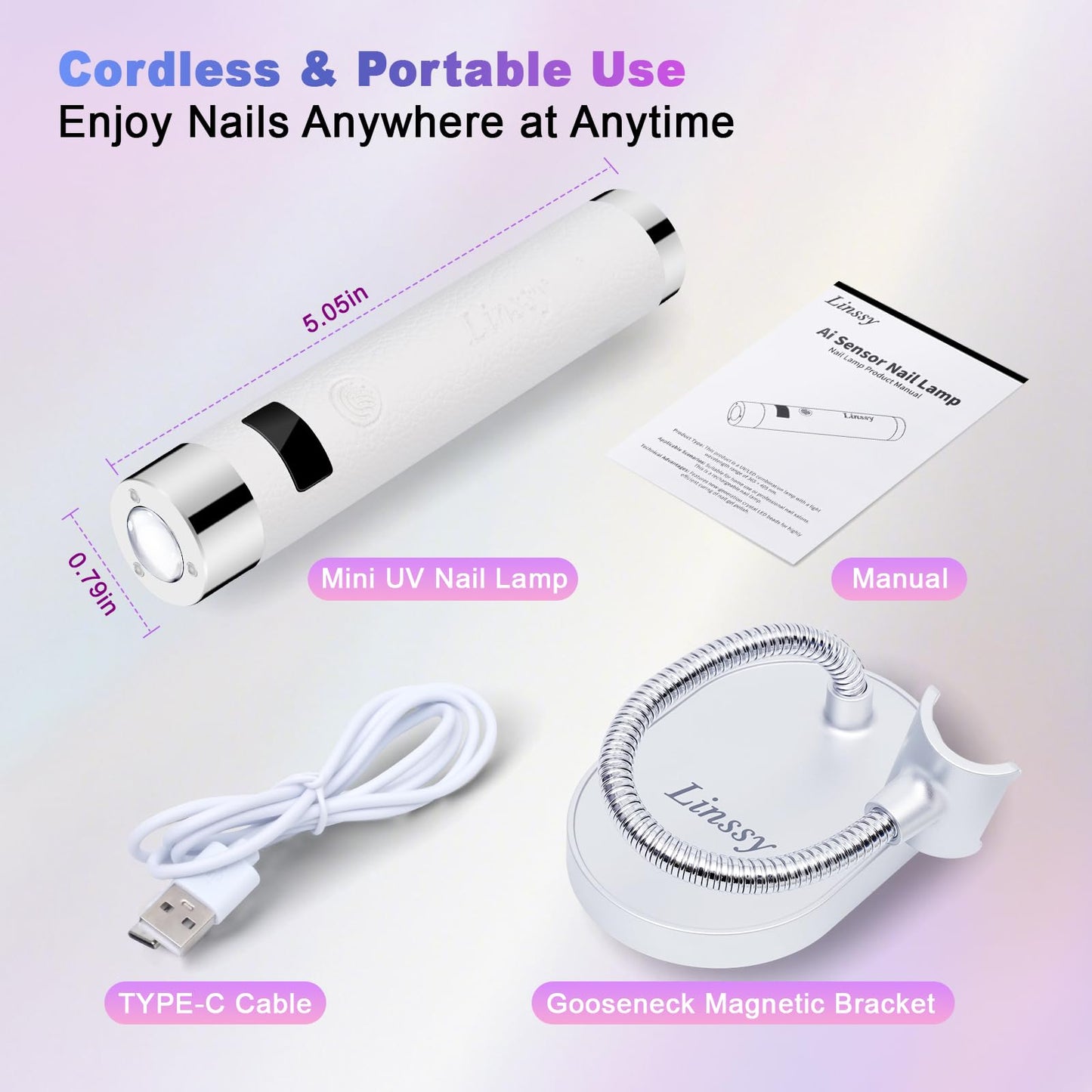Linssy Mini UV Light for Nails with Auto Sensor & Gooseneck Stand,Portable Cordless Nail Lamp Flash Cure Lamp with LCD Display,Handheld UV Light for Gel Nails at Salon & Home Use (White)