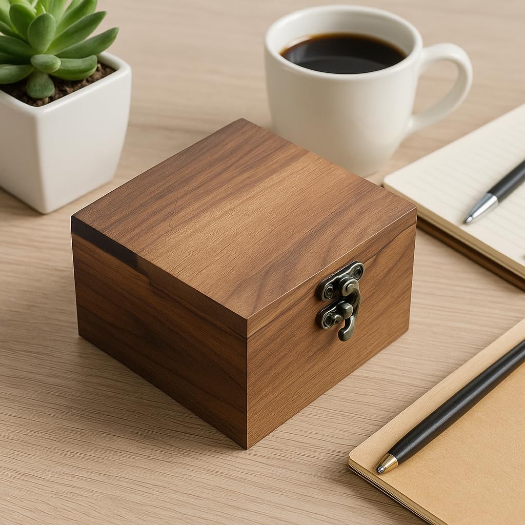 LONMAIX Handcrafted Walnut Wood Keepsake Box – 4.3 x 4.3 x 2.5 inch – Jewelry, Watch & Gift Storage Box – Rustic Wooden Box for Wedding, Birthday, Christmas