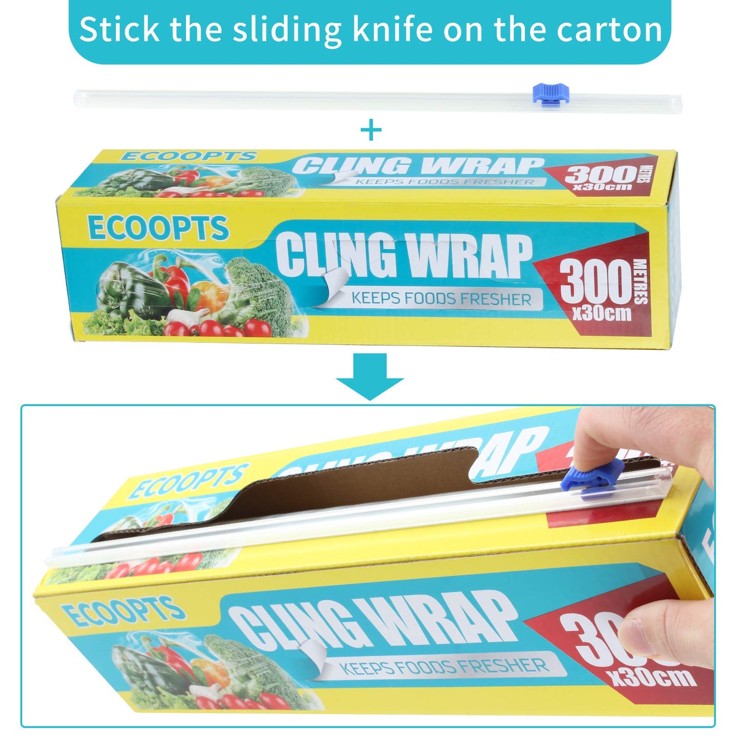 ECOOPTS Cling Wrap Plastic Food Wrap with Slide Cutter and BPA Free Plastic Wrap 12IN×1000FT