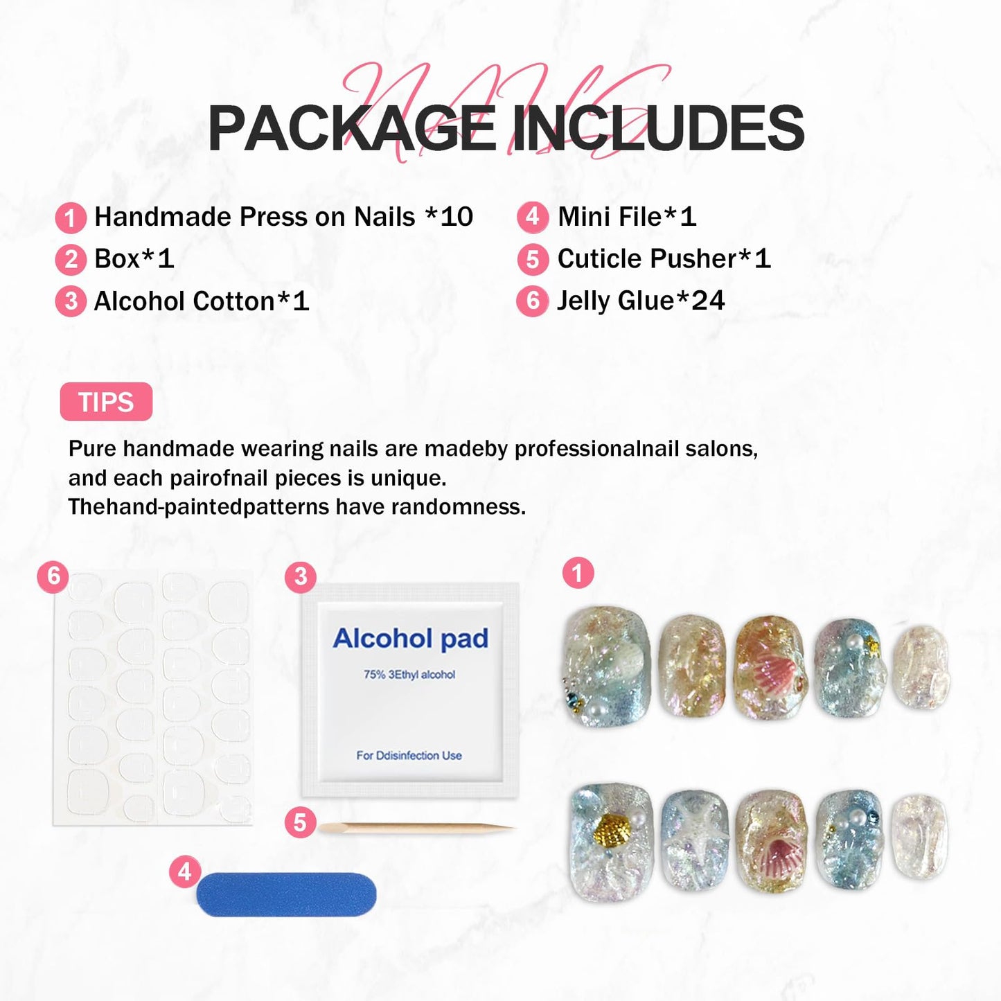 Short Square Shaped Press on Nails Gradient Fake Nails Handmade Press on Nails Luxury Starfish Seashell and Pearl Designs Full Cover Thick Stick on Nail Glitter Acrylic Nails for Women (Size S)