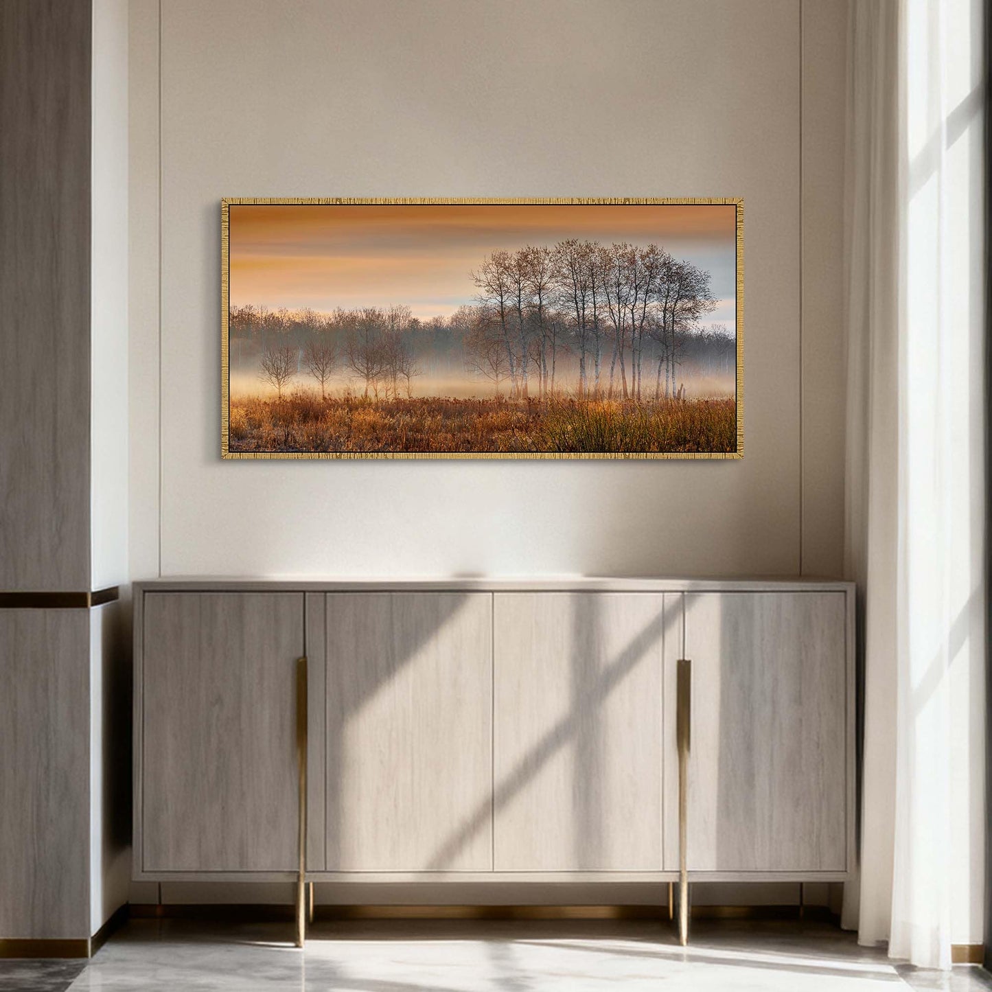 Misty Forest Framed Wall Art: Sunset Landscape Canvas Picture Rustic Woodland Scenery Painting Wilderness Artwork Prints for Living Room