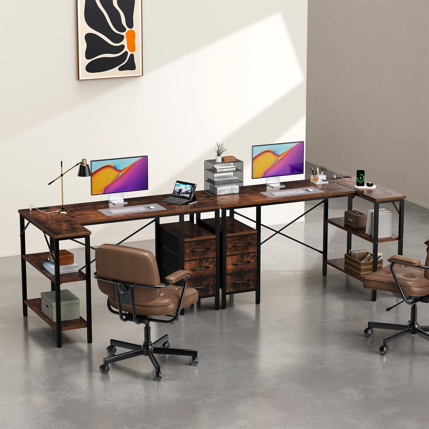 Simple Deluxe L Shaped Gaming Desk with Power Outlets, 47 Inch Computer Desk with 3 Drawers, Shelves, Corner Computer Desk for Gaming, Corner Work, Home Office, Study, Rustic Brown