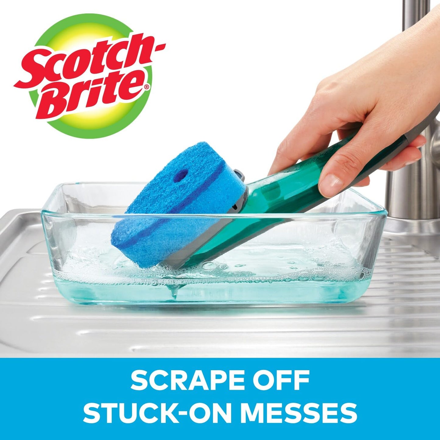 Scotch-Brite Advanced Soap Control Non-Scratch Dishwand Kit, 1 Dish Wand & 5 Sponge Refills, Prevents Soap from Leaking, Leak-Free Guarantee, Best for Nonstick Pots and Pans, Glass, Tubs, & Showers