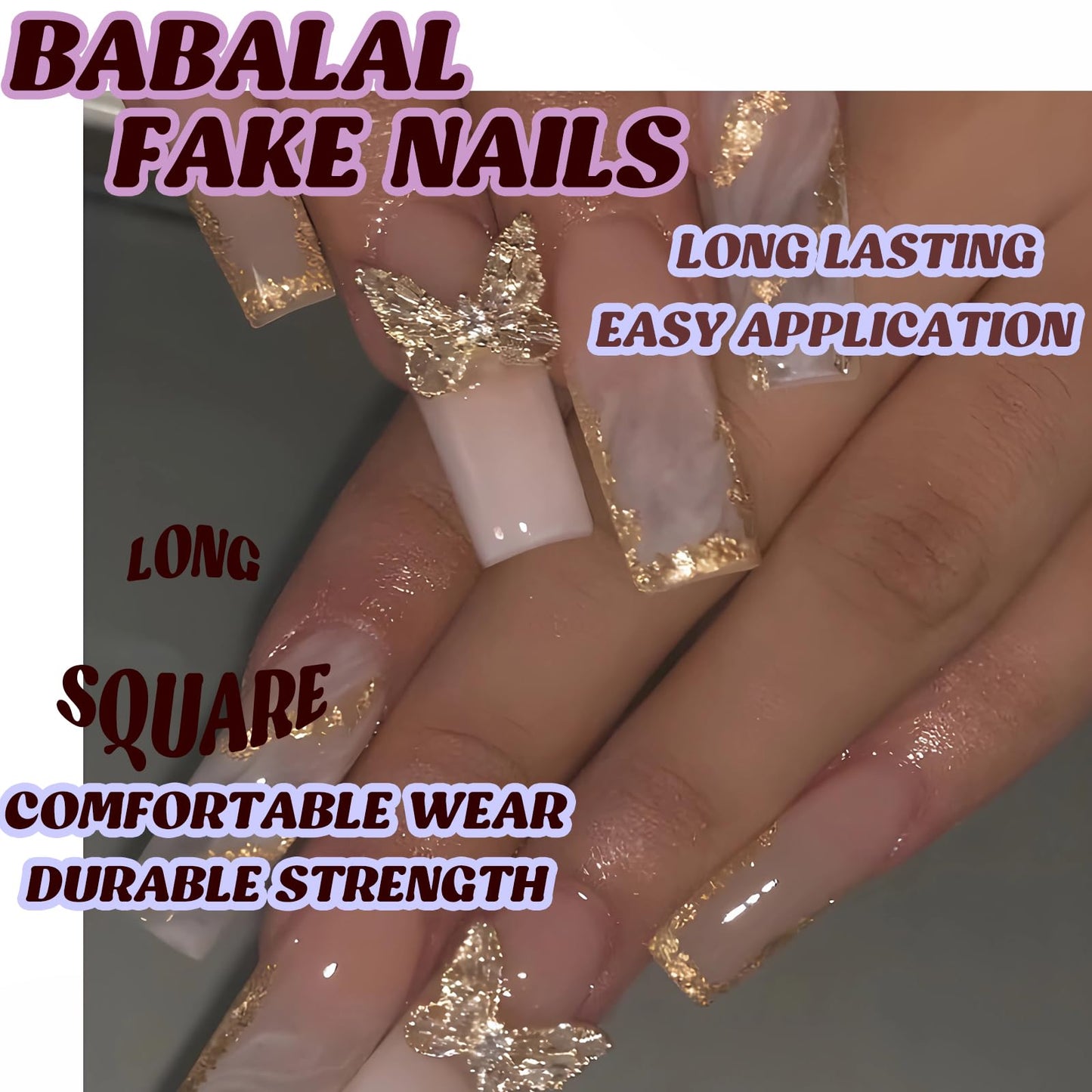 BABALAL Long Square Press on Nails, Pink White Gradient Golden Glitter Swirl 3D Butterfly Charm Design Acrylic Squoval Nails 24 Pieces