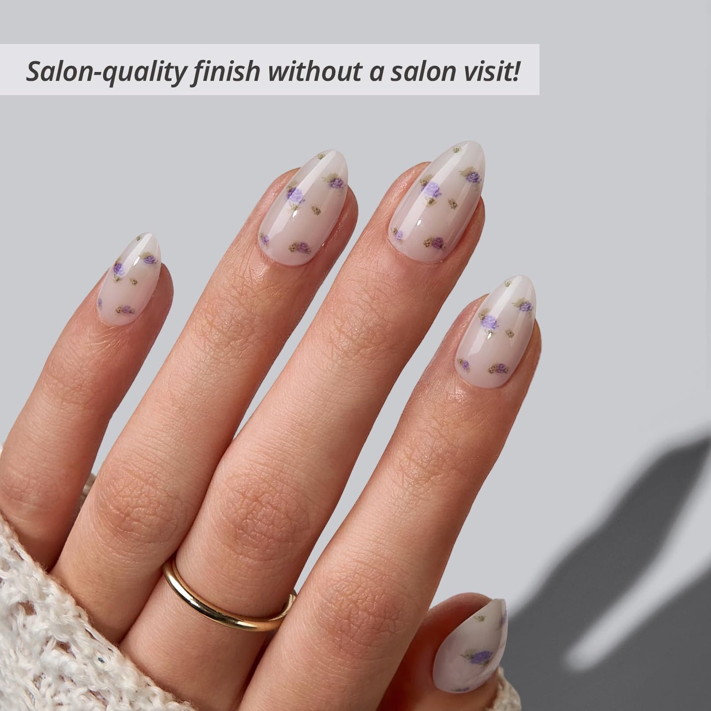 BTArtbox Press On Nails Short - Pathside Lilac, Lamp-Curable 4-Week Wear Flower White Almond Press On Nails with Glue and Adhesive Tabs, Easy-to-Apply in 16 Sizes - 32 Nails All-in-One Kit