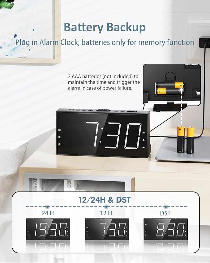 Alarm Clock for Heavy Sleepers with Bed Shaker, Vibrating Alarm Clock | Dual Alarms, USB Charger, 7.5" Large LED Display, 5 Dimmer, Snooze, 12/24H &DST, Plug in Clock with Memory Function